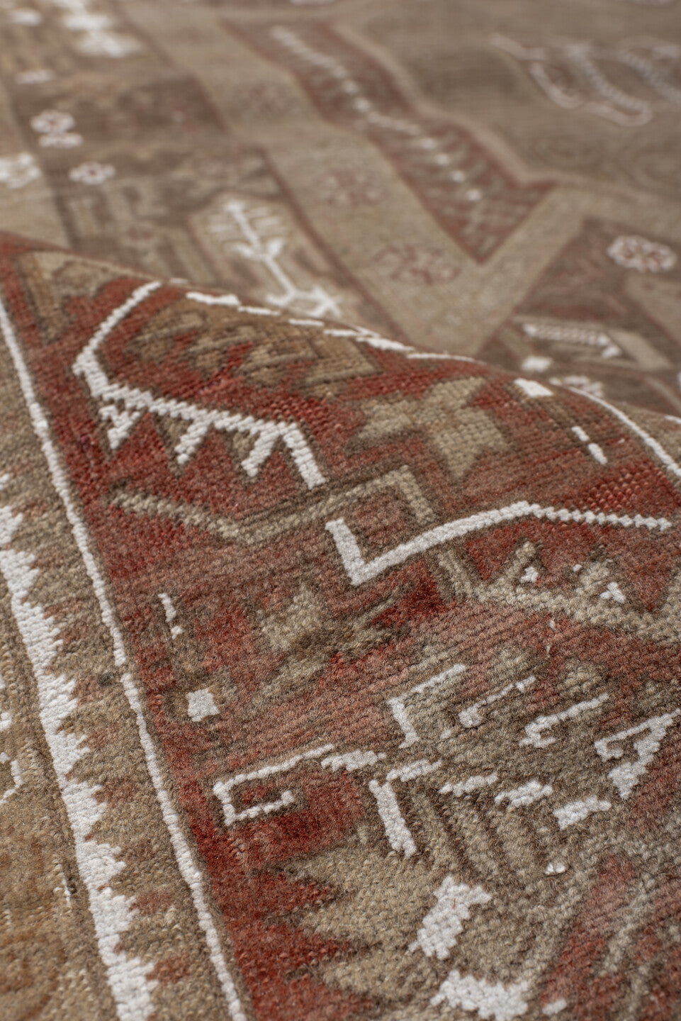 4' x 5' one-of-a-kind handmade antique Kaisary small size rug. Color palette: camel, rust, taupe, ivory, sand, terracotta