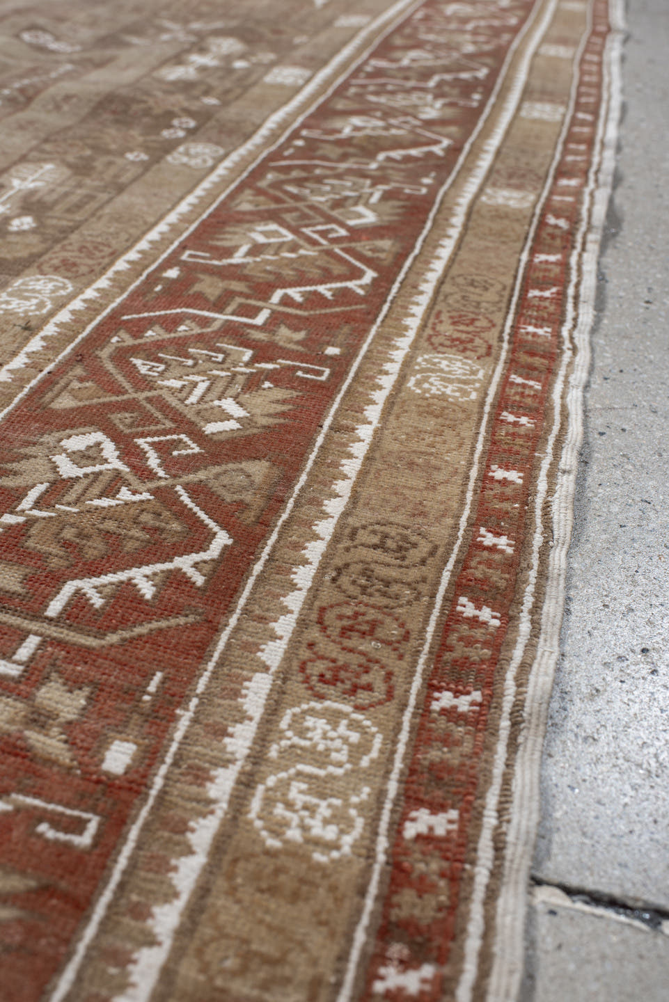 4' x 5' one-of-a-kind handmade antique Kaisary small size rug. Color palette: camel, rust, taupe, ivory, sand, terracotta
