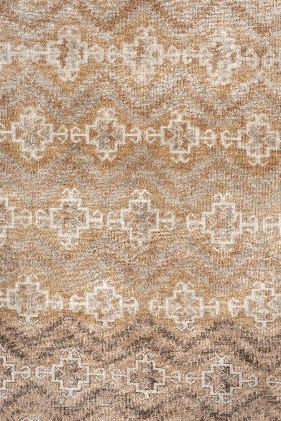 3' x 6' one-of-a-kind handmade antique Belouch small size rug. Color palette: camel, ivory, taupe, brown, sand, beige, gray