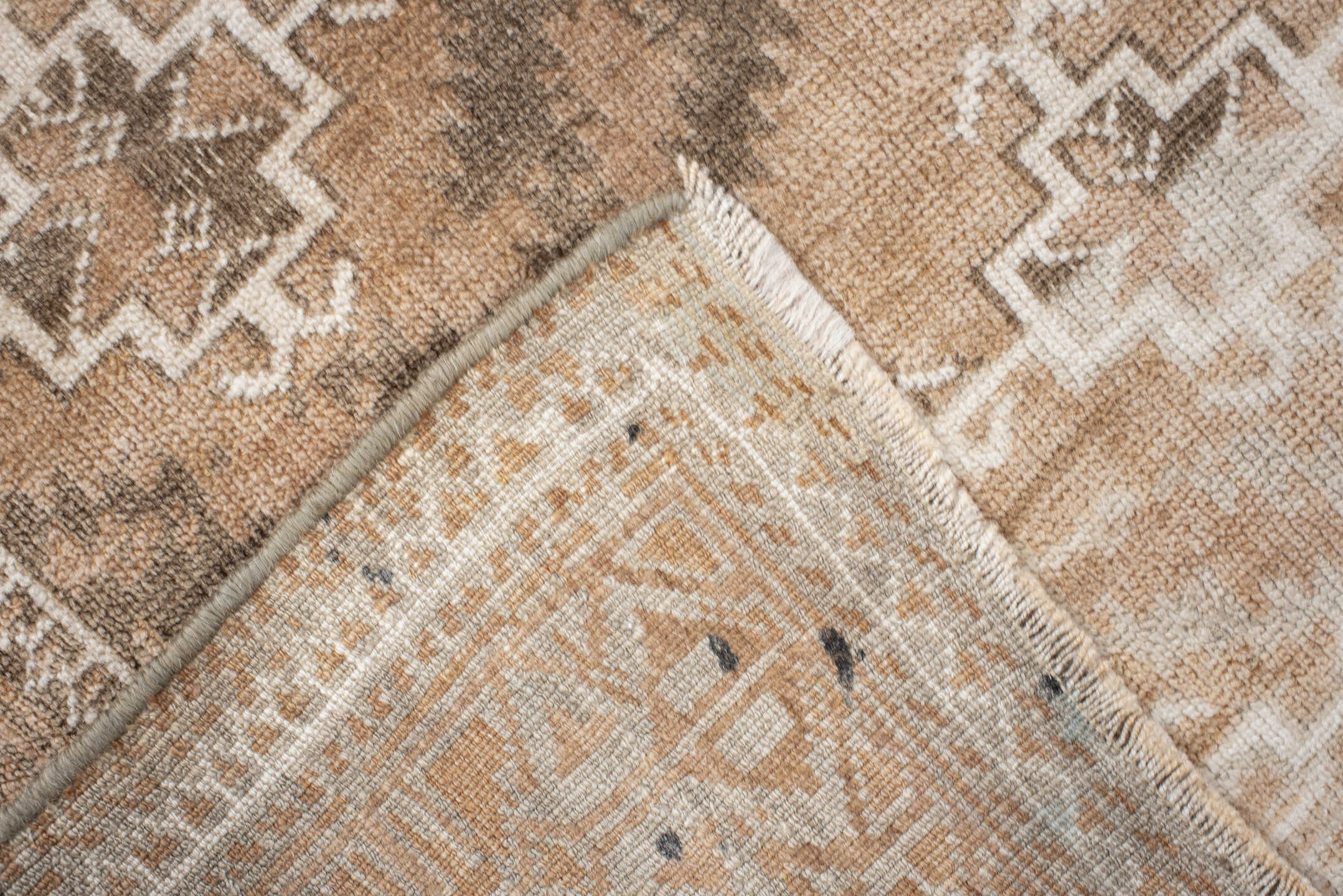 3' x 6' one-of-a-kind handmade antique Belouch small size rug. Color palette: camel, ivory, taupe, brown, sand, beige, gray