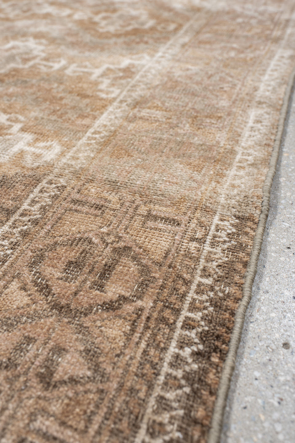 3' x 6' one-of-a-kind handmade antique Belouch small size rug. Color palette: camel, ivory, taupe, brown, sand, beige, gray