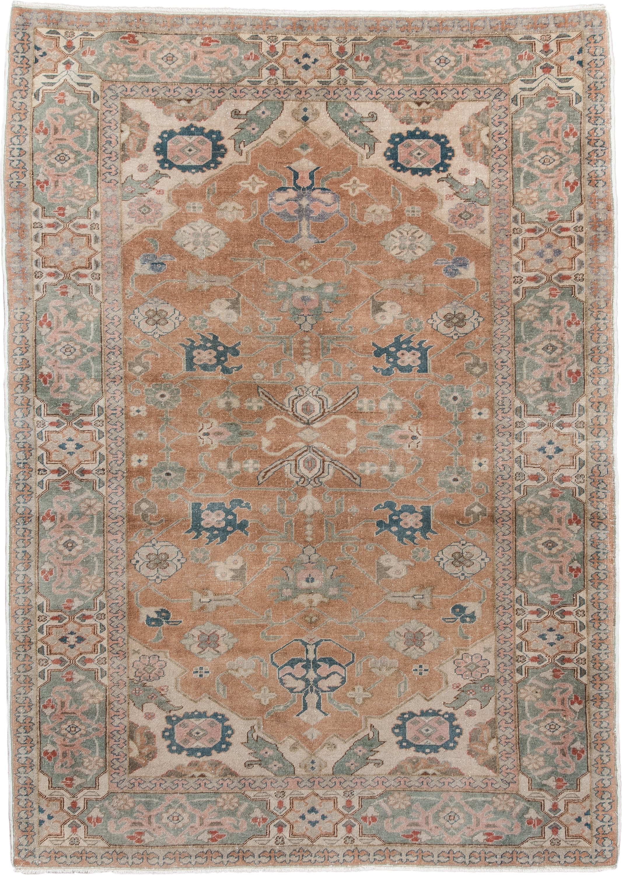 4' x 5' one-of-a-kind handmade antique Sivas small size rug. Color palette: peach, pale aqua, ivory, slate blue, coral