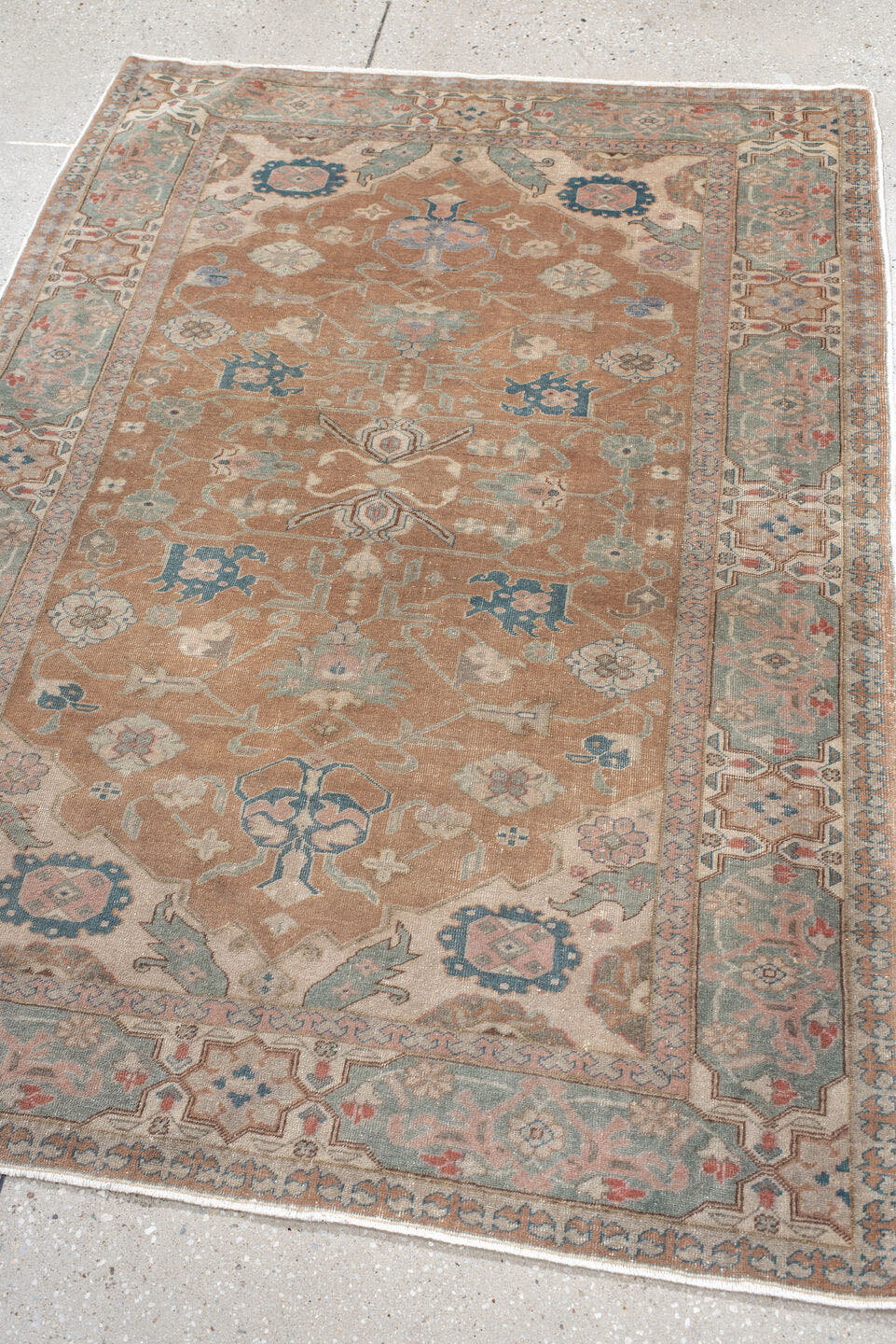 4' x 5' one-of-a-kind handmade antique Sivas small size rug. Color palette: peach, pale aqua, ivory, slate blue, coral