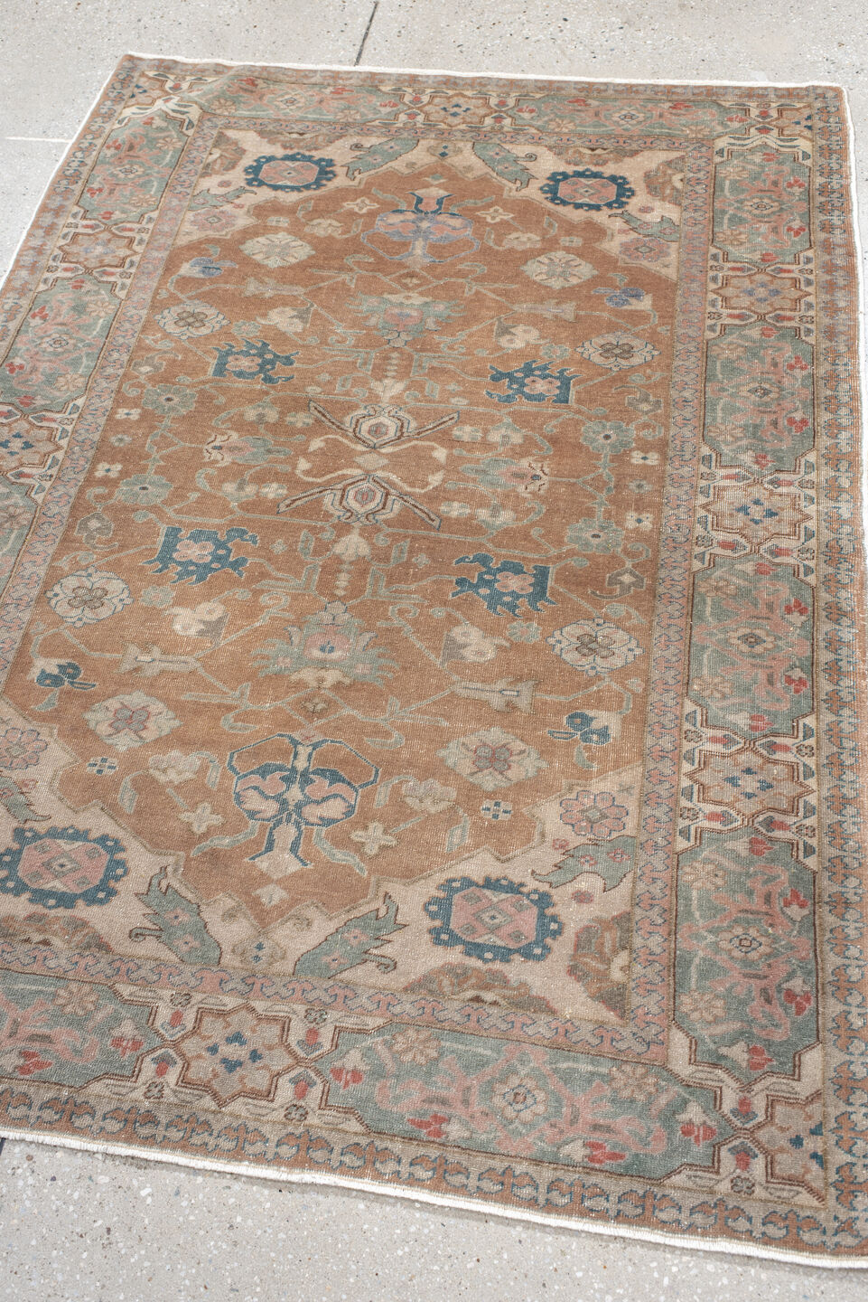 4' x 5' one-of-a-kind handmade antique Sivas small size rug. Color palette: peach, pale aqua, ivory, slate blue, coral