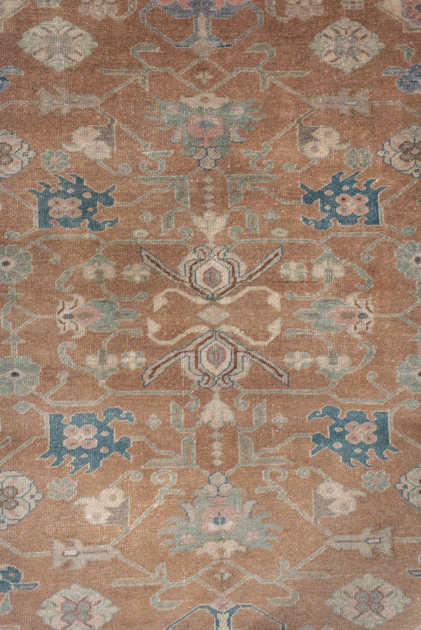 4' x 5' one-of-a-kind handmade antique Sivas small size rug. Color palette: peach, pale aqua, ivory, slate blue, coral