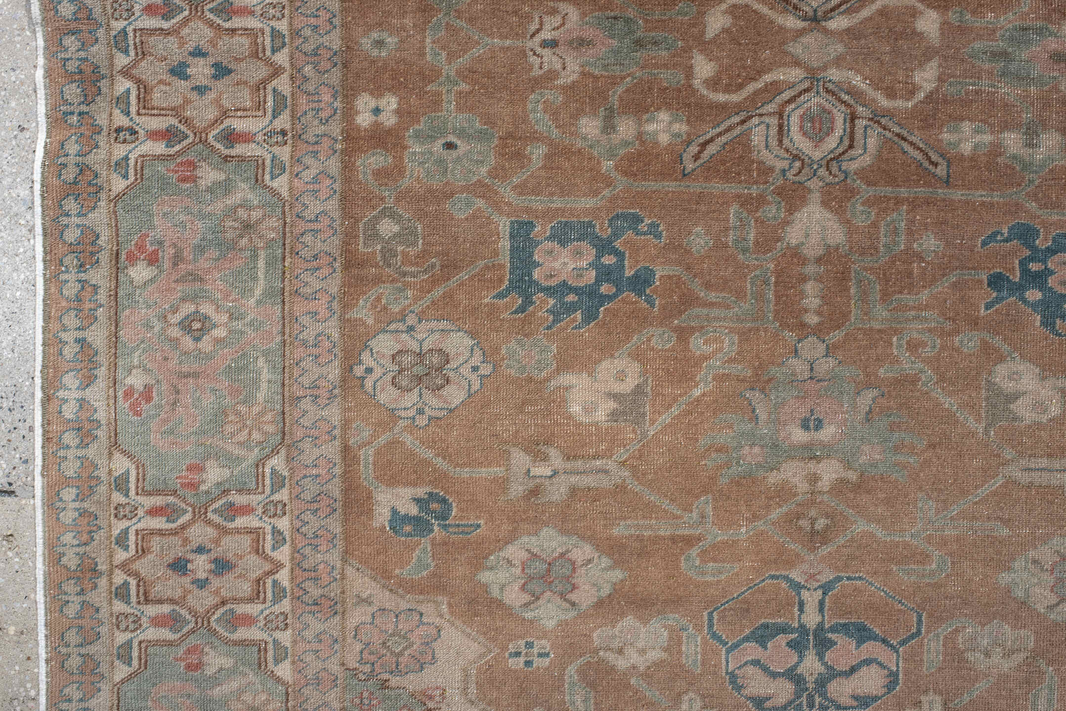 4' x 5' one-of-a-kind handmade antique Sivas small size rug. Color palette: peach, pale aqua, ivory, slate blue, coral