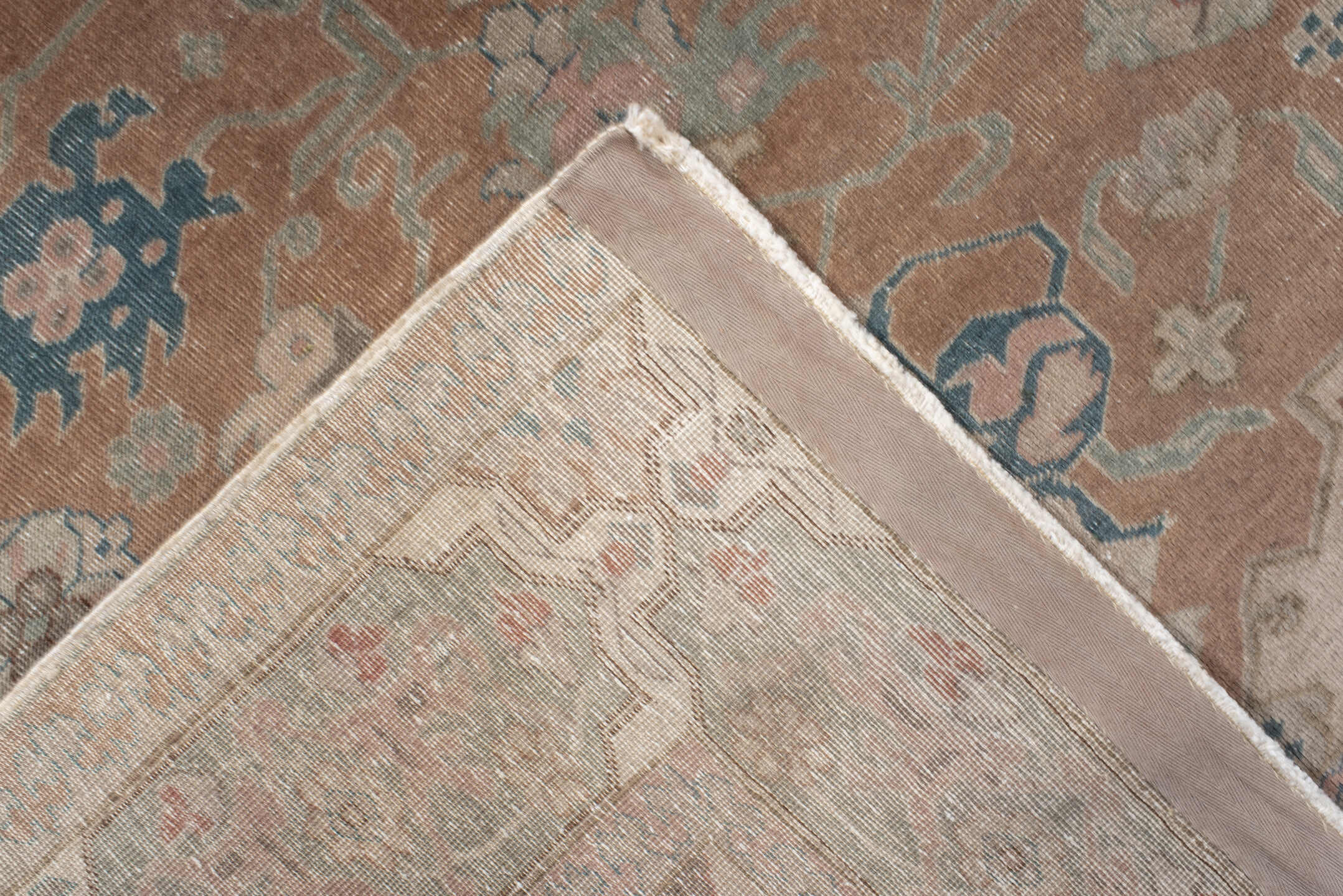 4' x 5' one-of-a-kind handmade antique Sivas small size rug. Color palette: peach, pale aqua, ivory, slate blue, coral
