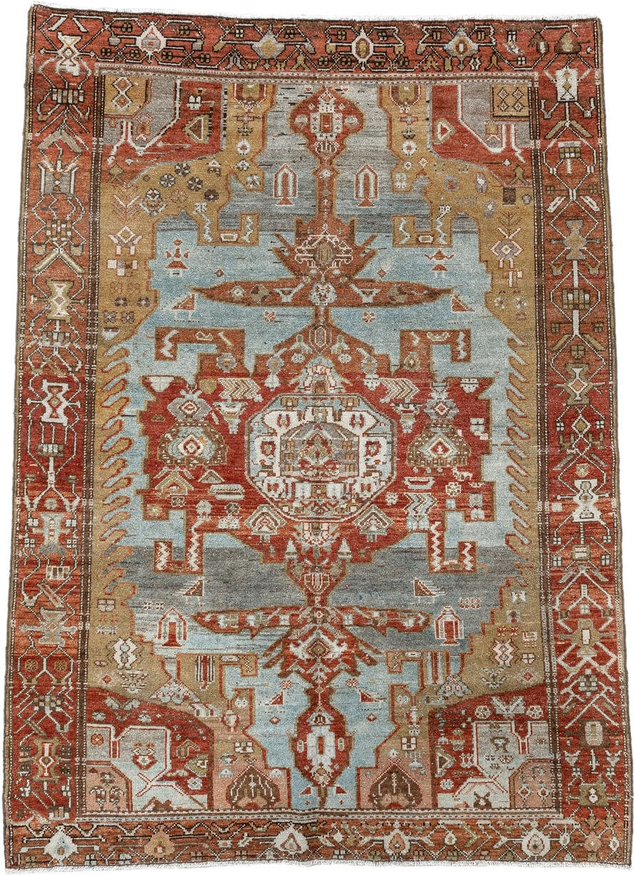 4' x 6' one-of-a-kind handmade vintage Malayer small size rug. Color palette: rust, sky blue, ivory, camel, terra cotta