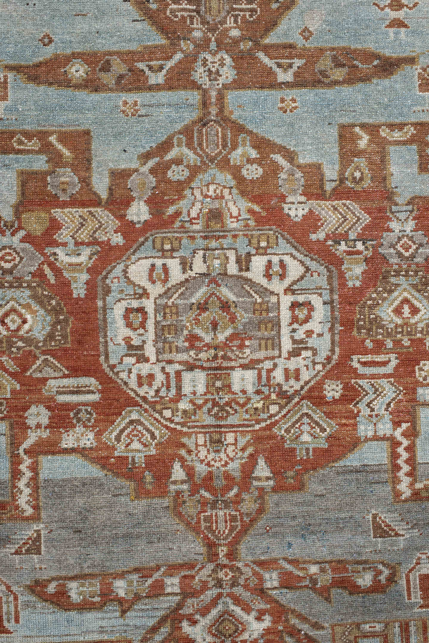 4' x 6' one-of-a-kind handmade vintage Malayer small size rug. Color palette: rust, sky blue, ivory, camel, terra cotta