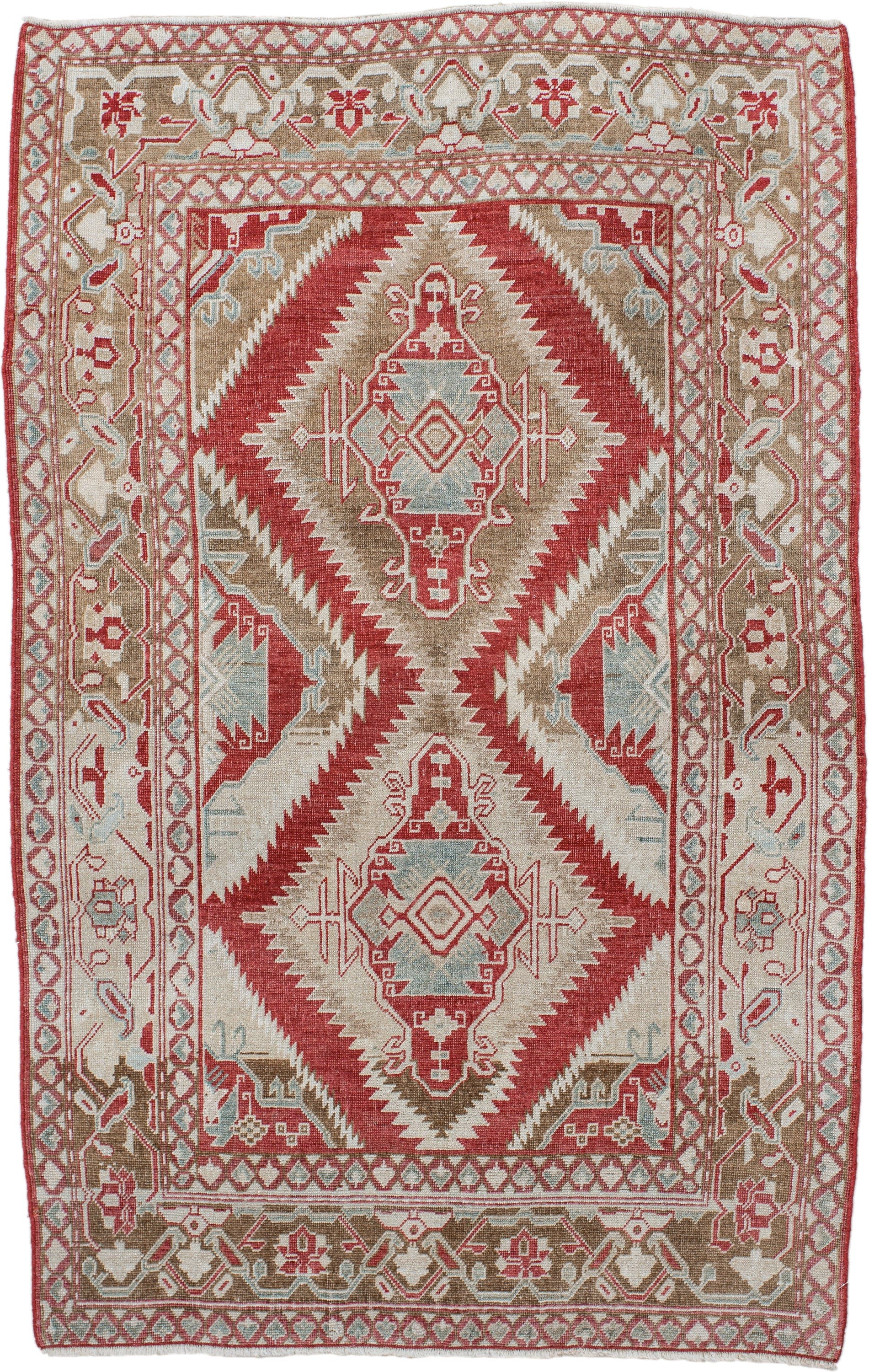 3' x 5' one-of-a-kind handmade antique Caucasian small size rug. Color palette: ivory, brick red, taupe, pale blue, camel