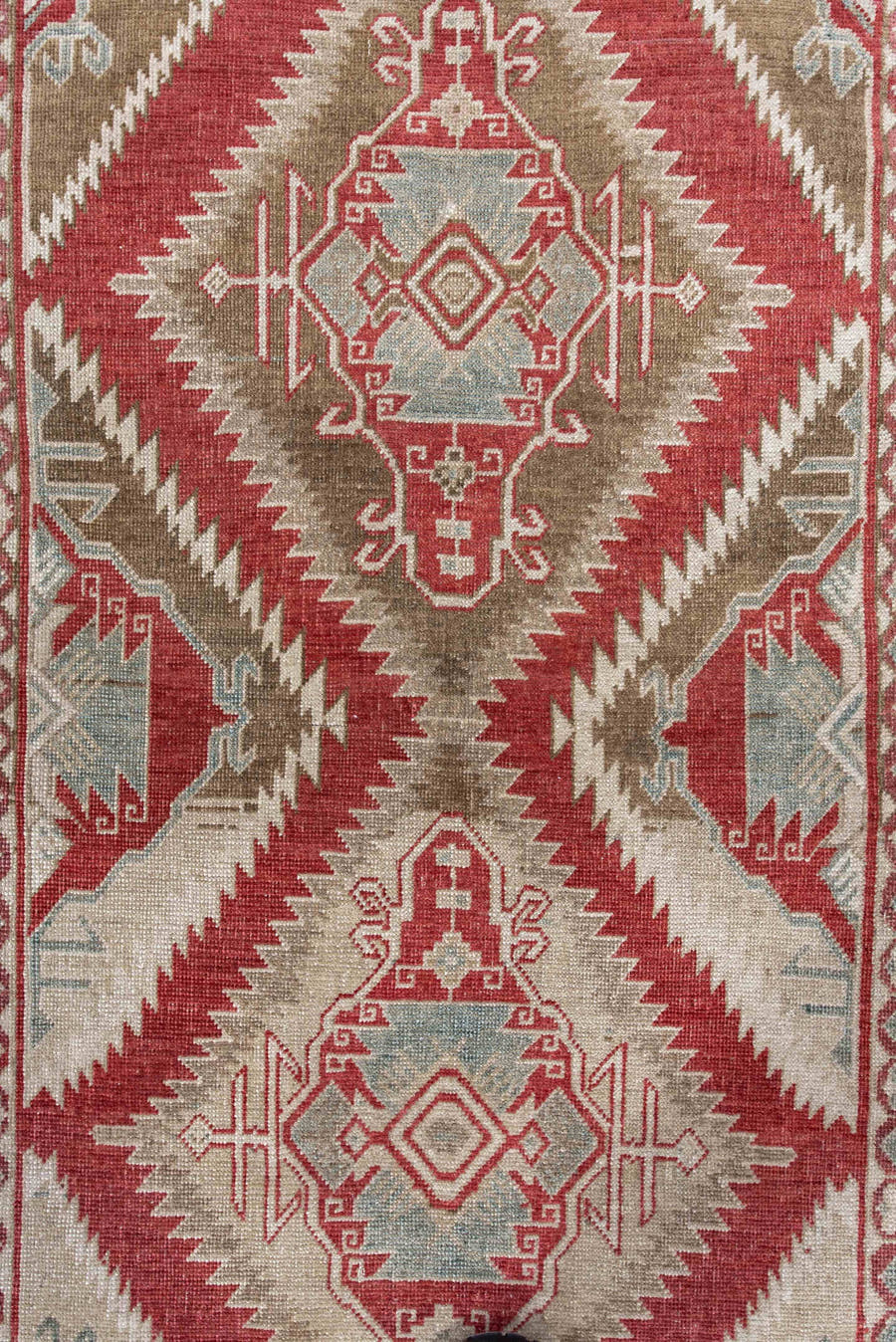 3' x 5' one-of-a-kind handmade antique Caucasian small size rug. Color palette: ivory, brick red, taupe, pale blue, camel