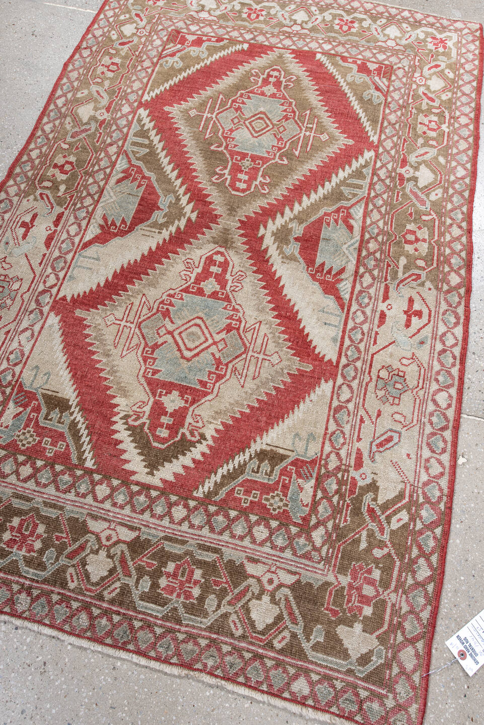 3' x 5' one-of-a-kind handmade antique Caucasian small size rug. Color palette: ivory, brick red, taupe, pale blue, camel
