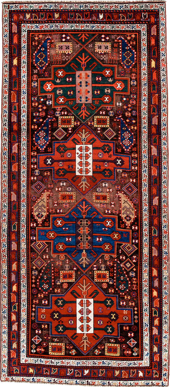 3' x 8' one-of-a-kind handmade vintage Caucasian runner rug. Color palette: brown, dark salmon, gray, light gray, linen