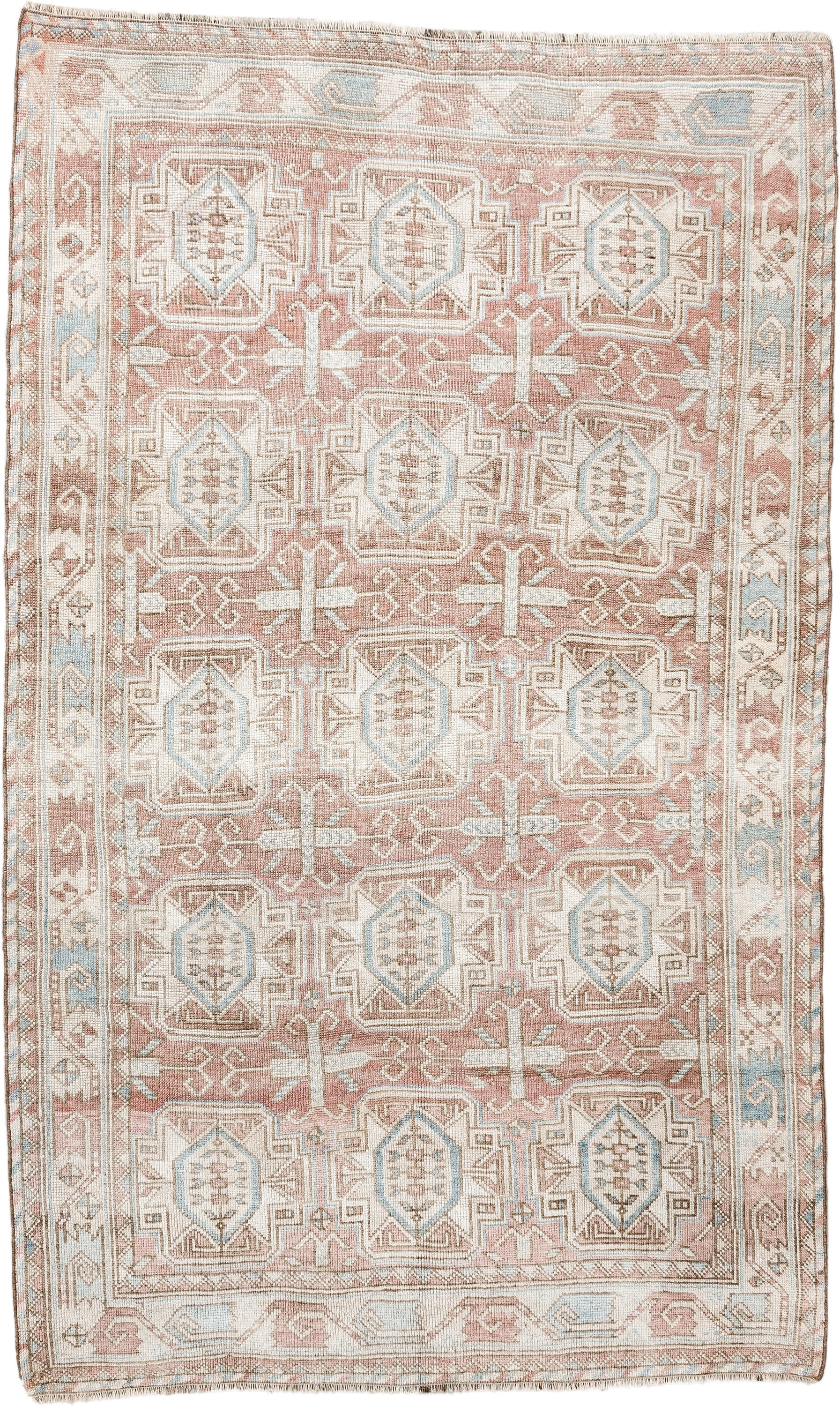 4' x 6' one-of-a-kind handmade vintage Kdh small size rug. Color palette: blush, ivory, pale blue, taupe, sand, pink