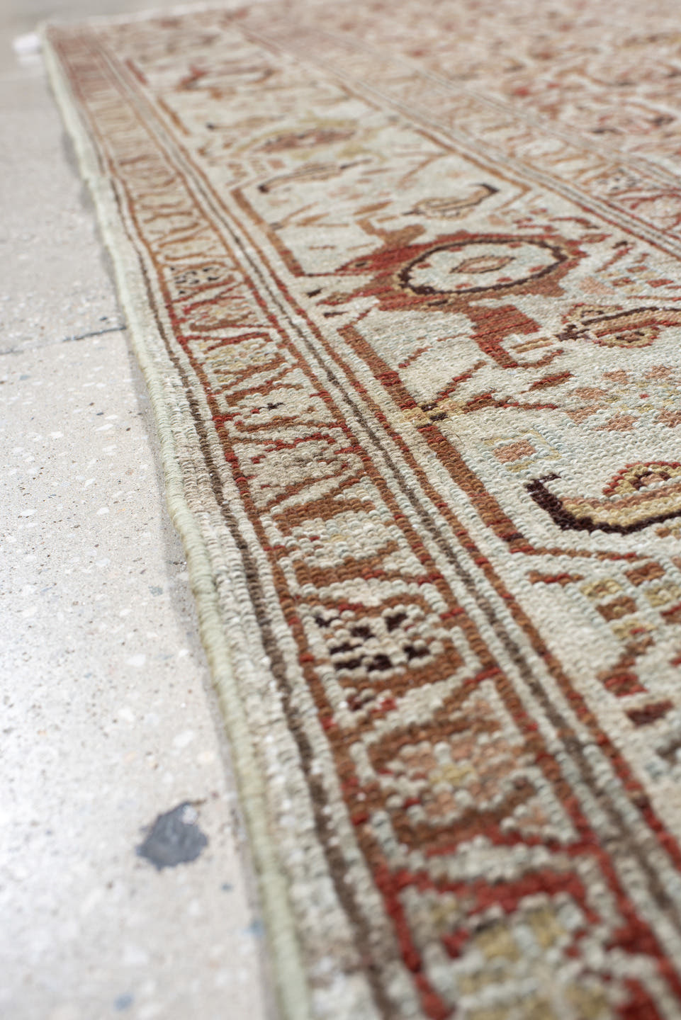 4' x 6' one-of-a-kind handmade vintage Malayer rug. Color palette: ivory, rust, taupe, rose, camel, brown, terracotta, beige