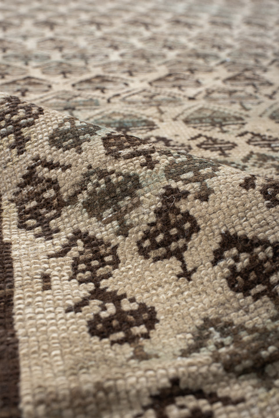 3' x 8' one-of-a-kind handmade antique NW Persian runner rug. Color palette: ivory, brown, taupe, camel, sage, charcoal