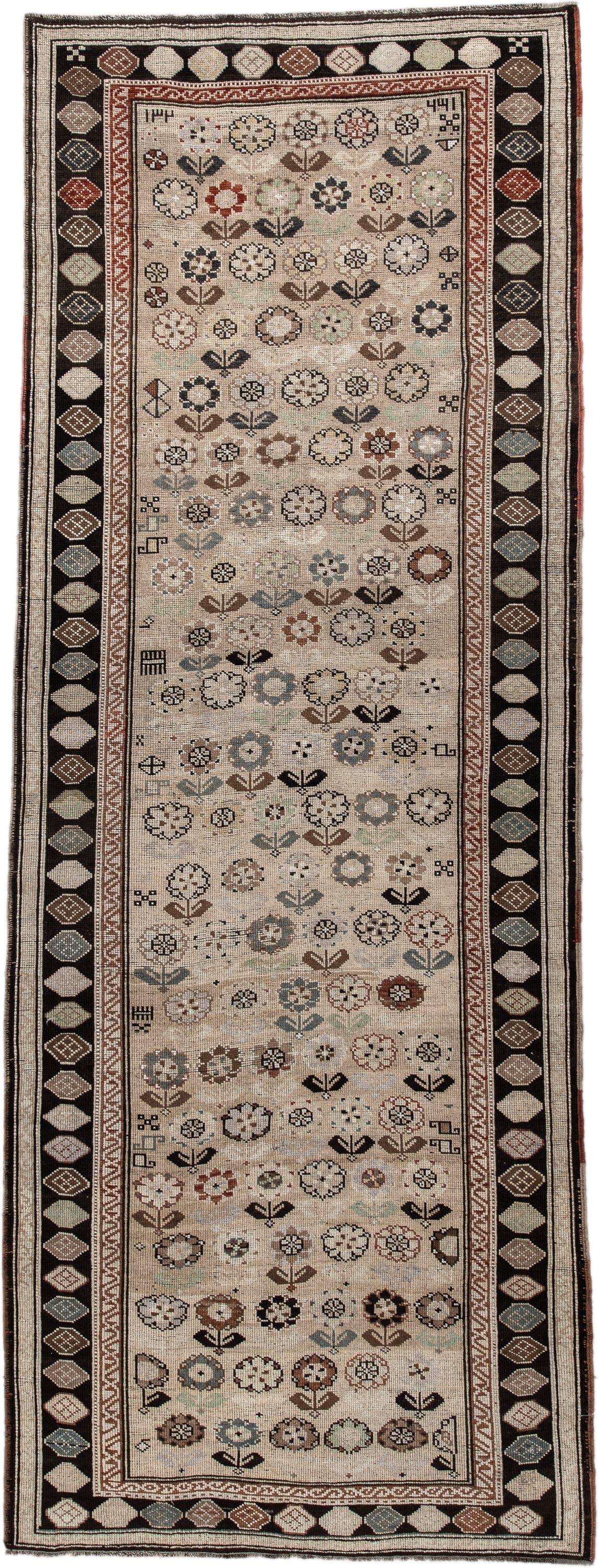 3' x 9' one-of-a-kind handmade antique Karabagh runner rug. Color palette: ivory, charcoal, taupe, rust, slate, camel, brown