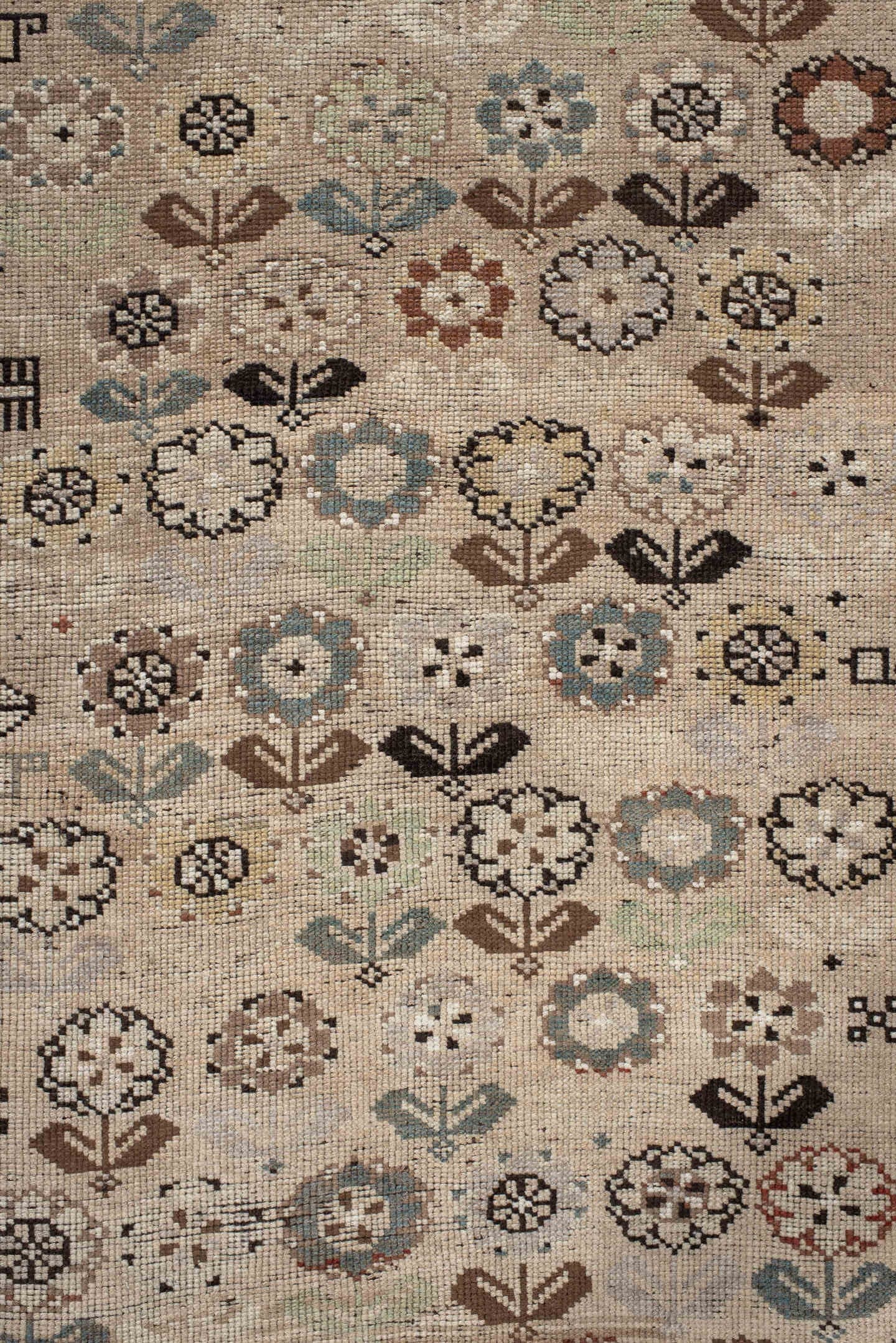 3' x 9' one-of-a-kind handmade antique Karabagh runner rug. Color palette: ivory, charcoal, taupe, rust, slate, camel, brown