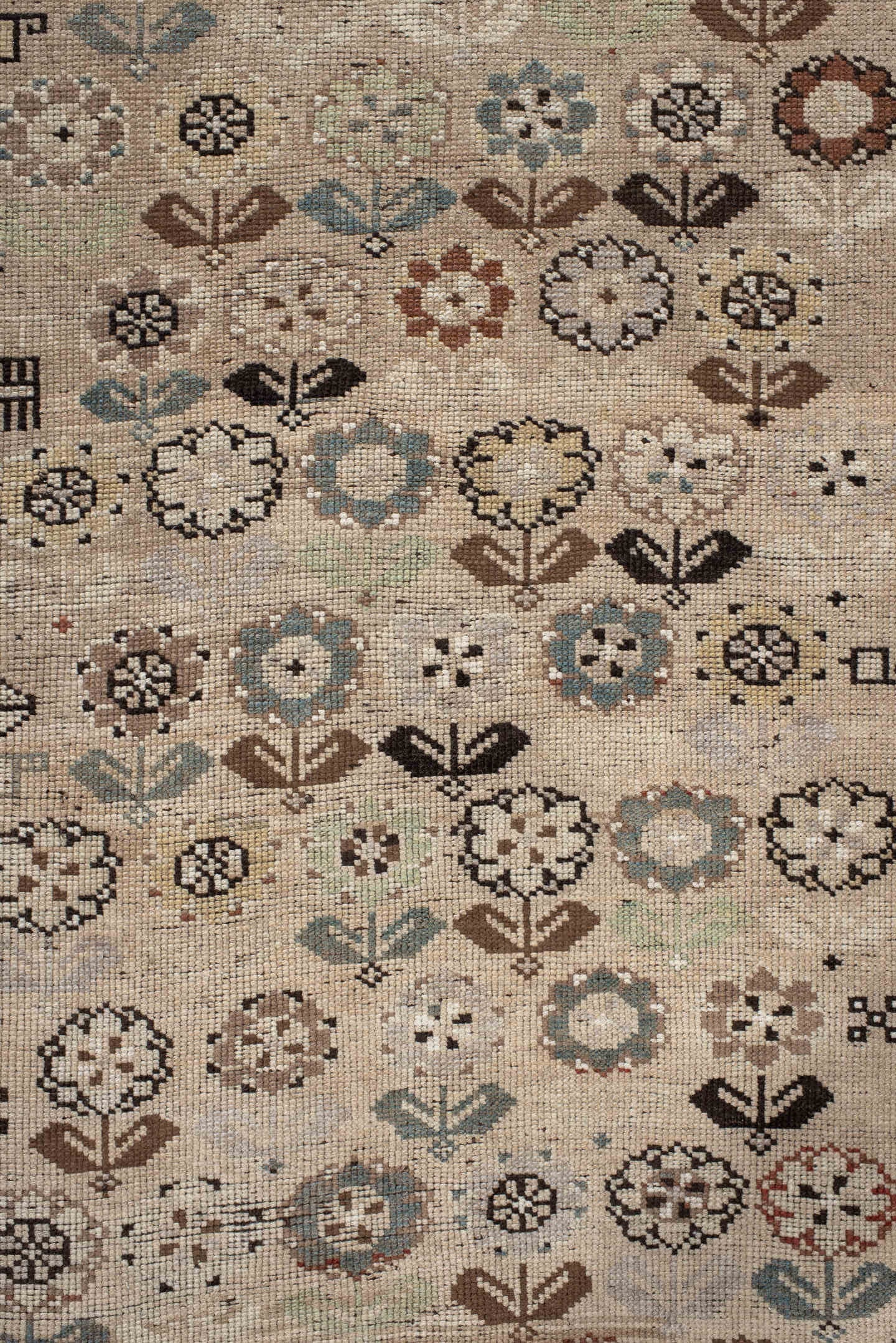 3' x 9' one-of-a-kind handmade antique Karabagh runner rug. Color palette: ivory, charcoal, taupe, rust, slate, camel, brown