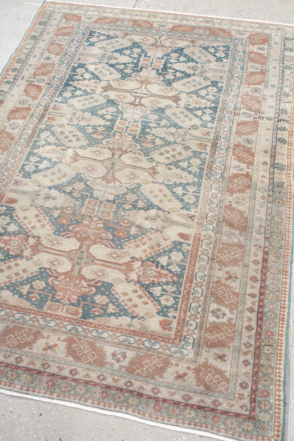 3' x 5' one-of-a-kind handmade vintage Sivas small size rug. Color palette: ivory, blush, muted teal, peach, sage, taupe