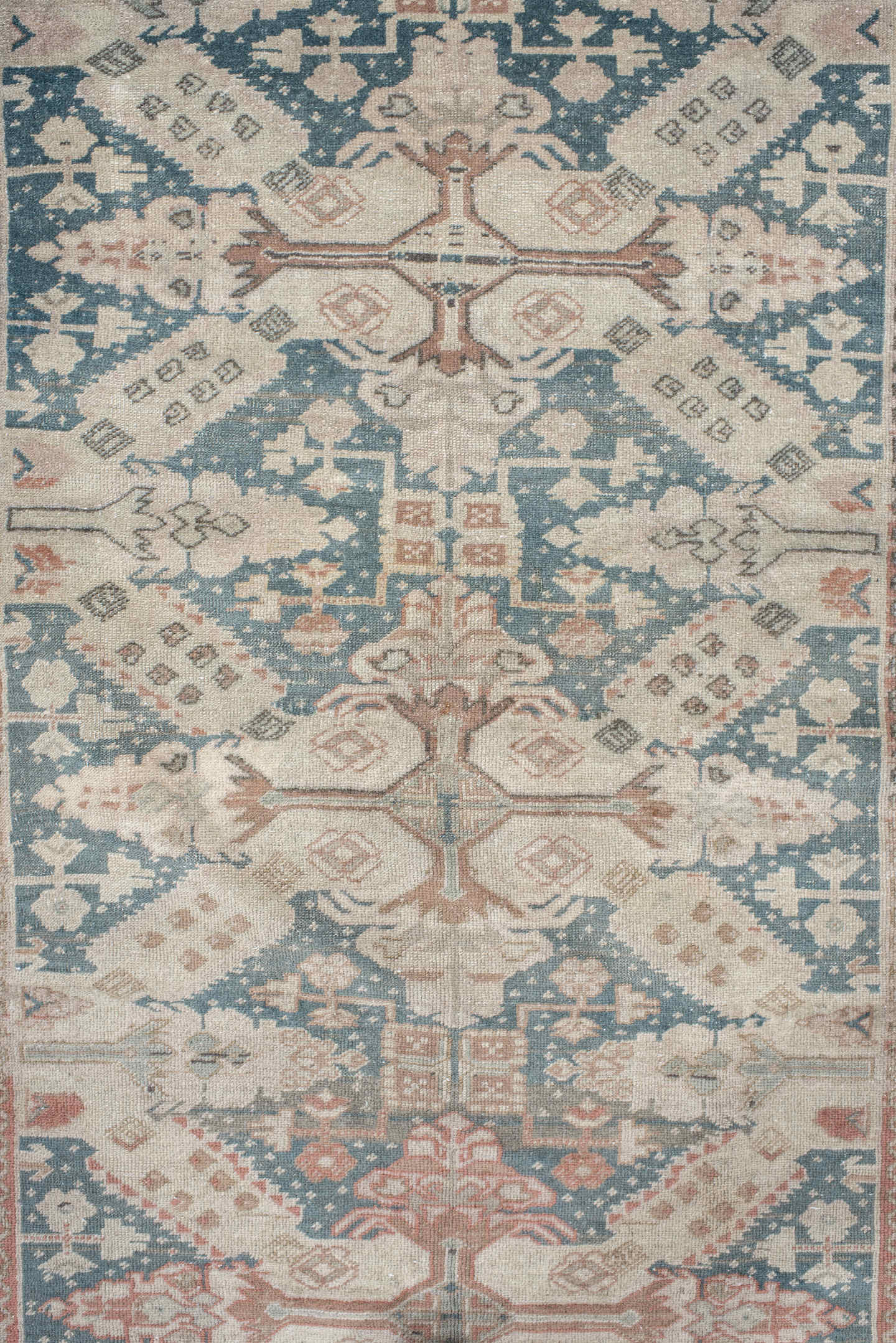 3' x 5' one-of-a-kind handmade vintage Sivas small size rug. Color palette: ivory, blush, muted teal, peach, sage, taupe