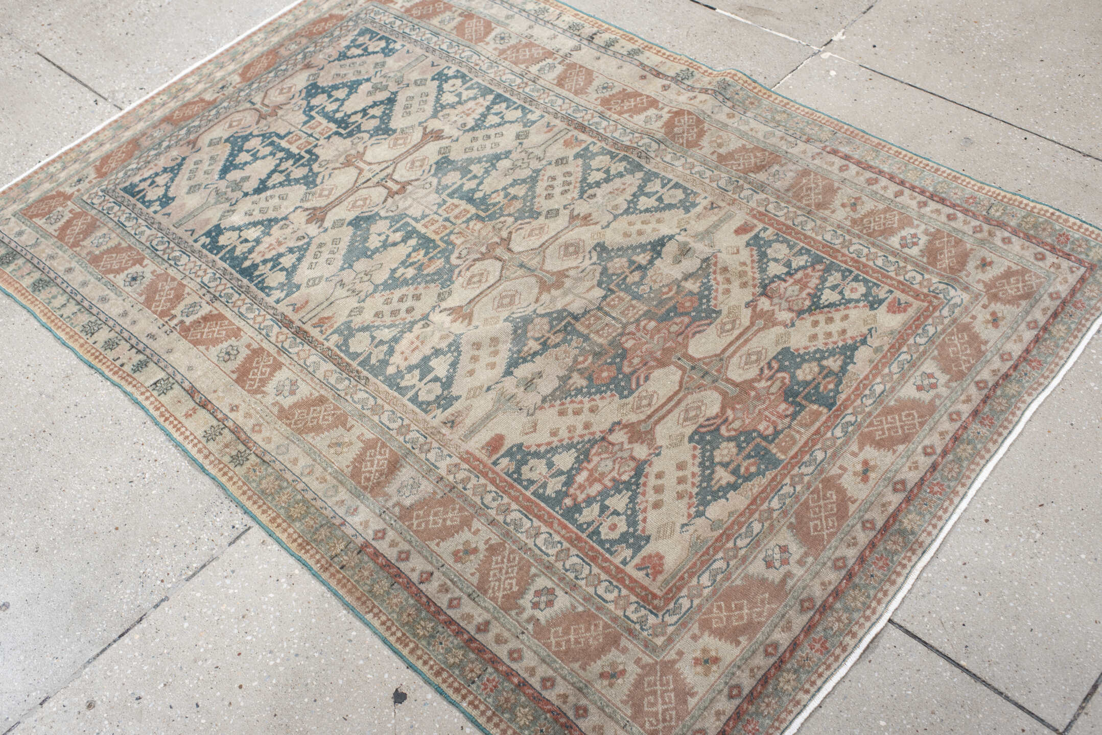 3' x 5' one-of-a-kind handmade vintage Sivas small size rug. Color palette: ivory, blush, muted teal, peach, sage, taupe