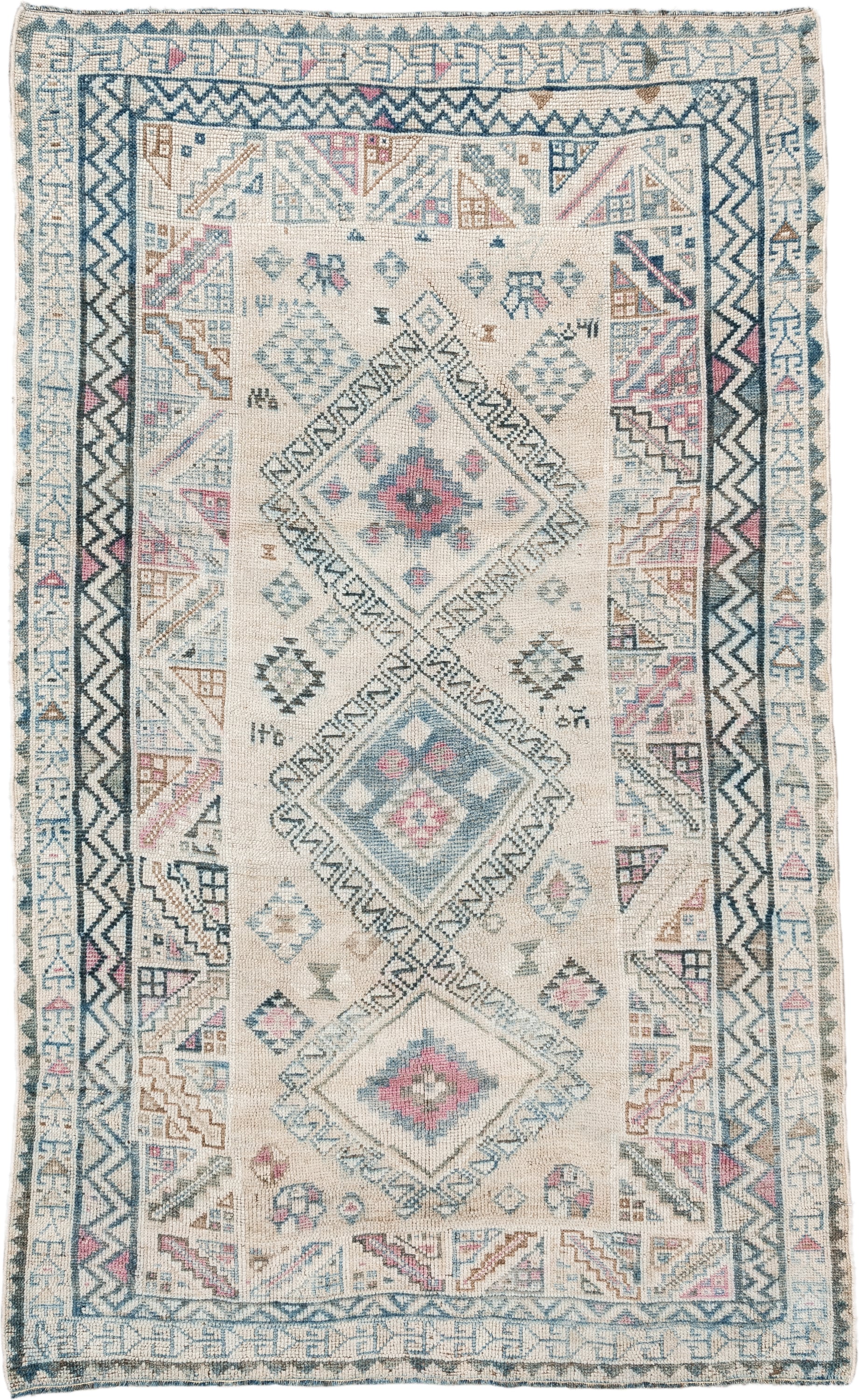 3' x 6' one-of-a-kind handmade vintage Gabbe small size rug. Color palette: ivory, sky blue, charcoal, blush, camel, taupe