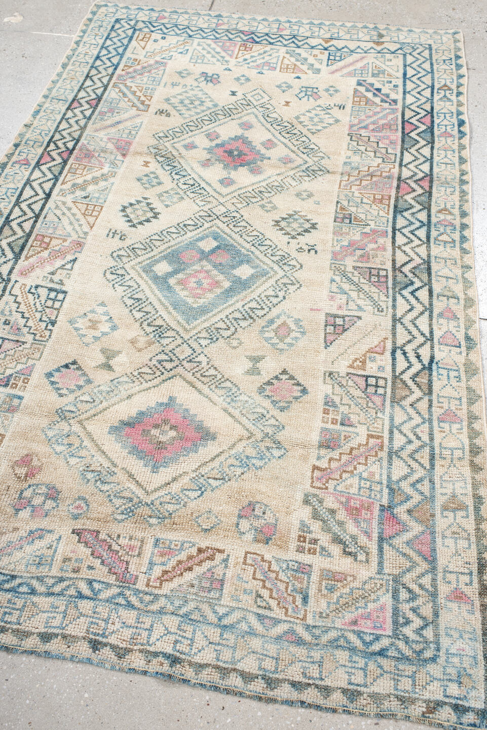 3' x 6' one-of-a-kind handmade vintage Gabbe small size rug. Color palette: ivory, sky blue, charcoal, blush, camel, taupe