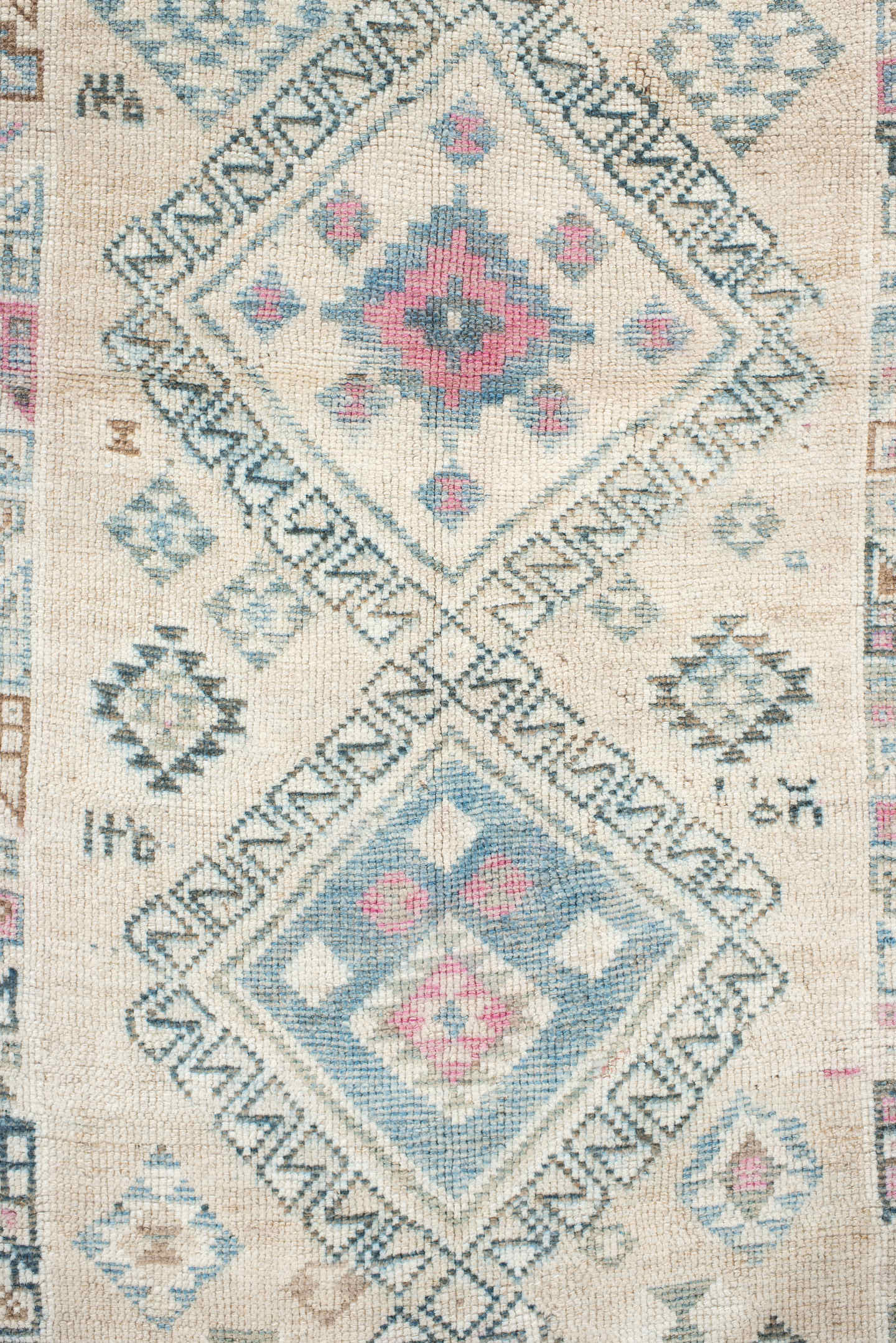 3' x 6' one-of-a-kind handmade vintage Gabbe small size rug. Color palette: ivory, sky blue, charcoal, blush, camel, taupe