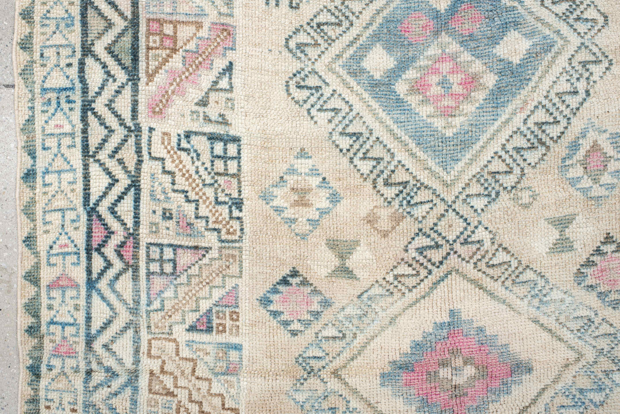3' x 6' one-of-a-kind handmade vintage Gabbe small size rug. Color palette: ivory, sky blue, charcoal, blush, camel, taupe