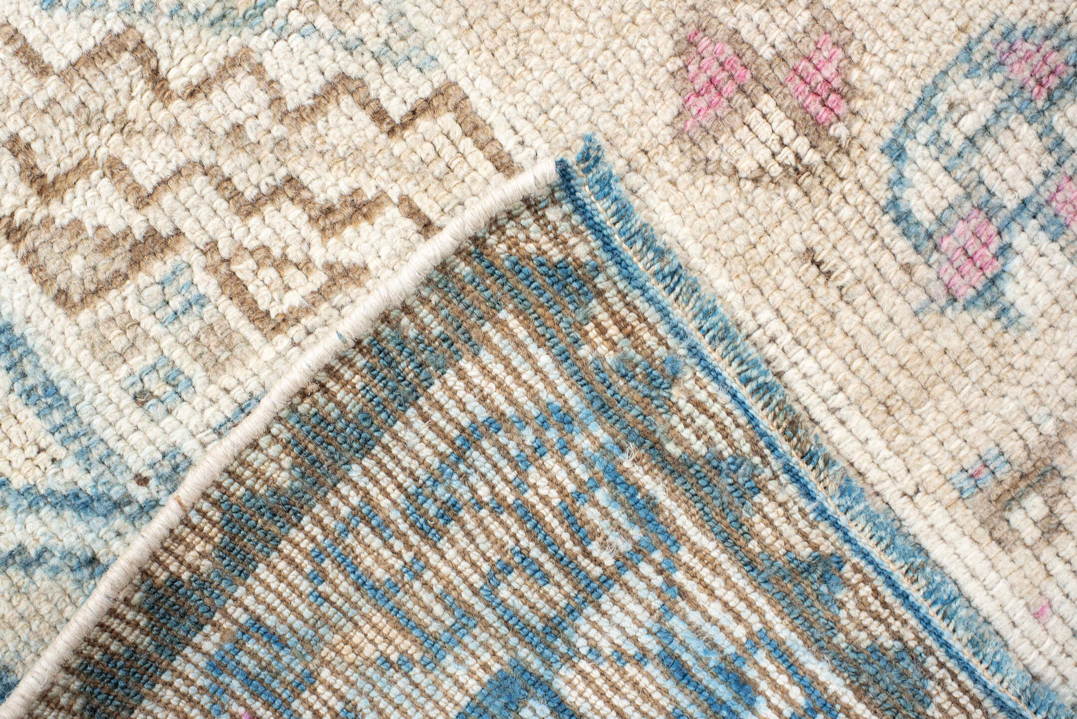3' x 6' one-of-a-kind handmade vintage Gabbe small size rug. Color palette: ivory, sky blue, charcoal, blush, camel, taupe