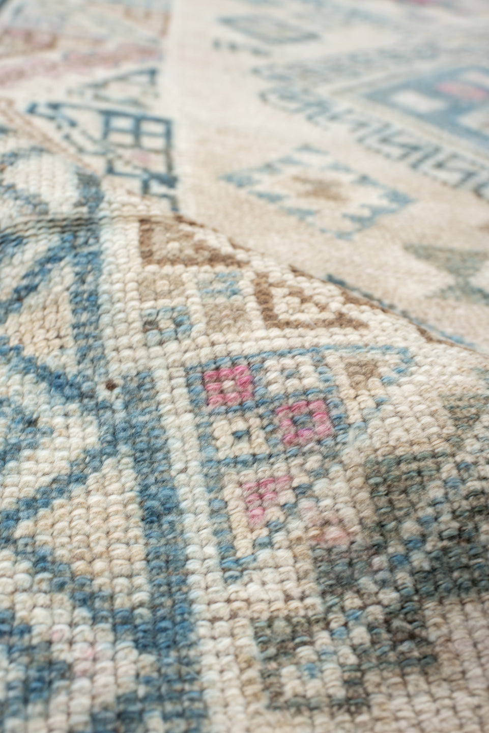 3' x 6' one-of-a-kind handmade vintage Gabbe small size rug. Color palette: ivory, sky blue, charcoal, blush, camel, taupe