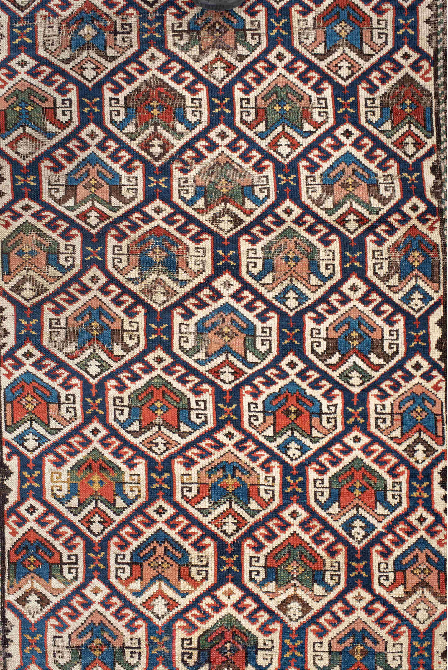 3' x 9' one-of-a-kind handmade antique Shirvan runner rug. Color palette: navy, ivory, rust, brick, camel, slate, crimson