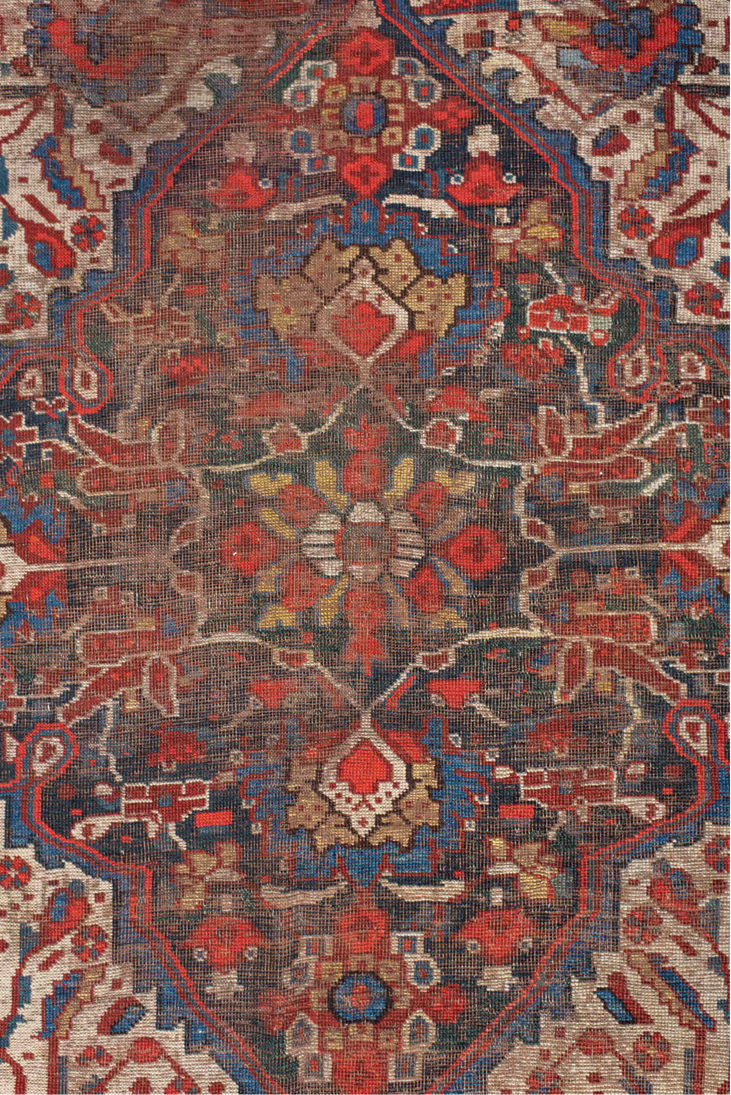 4' x 6' one-of-a-kind handmade vintage small size rug. Color palette: ivory, red, navy, cobalt, rust, camel, brown, blue