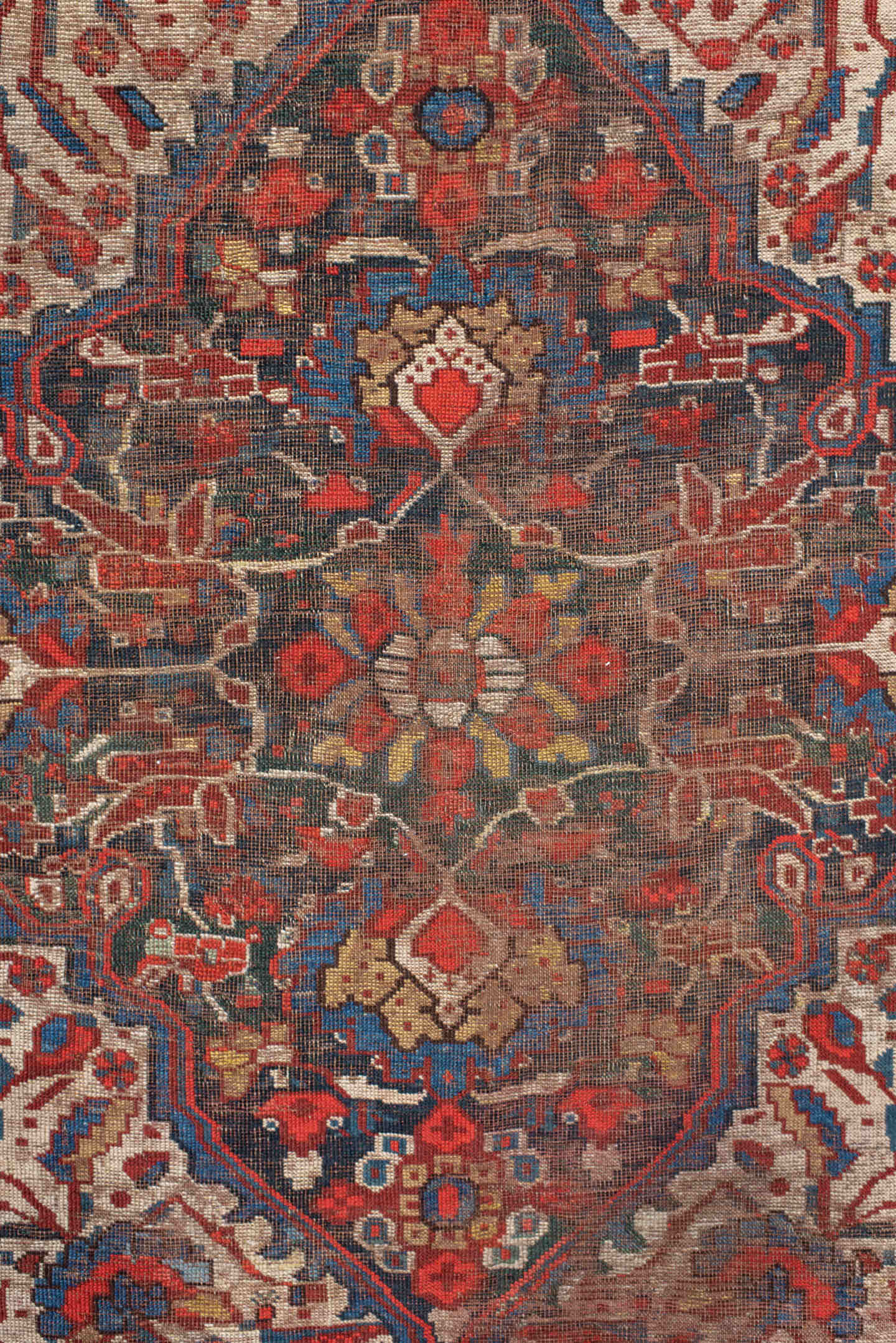 4' x 6' one-of-a-kind handmade vintage small size rug. Color palette: ivory, red, navy, cobalt, rust, camel, brown, blue