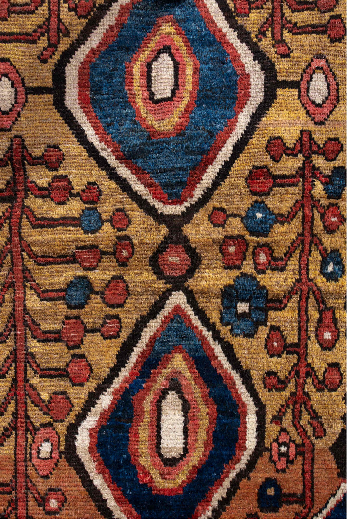 4' x 6' one-of-a-kind handmade antique Gabbe small size rug. Color palette: gold, blue, rust, ivory, brown, rose, teal
