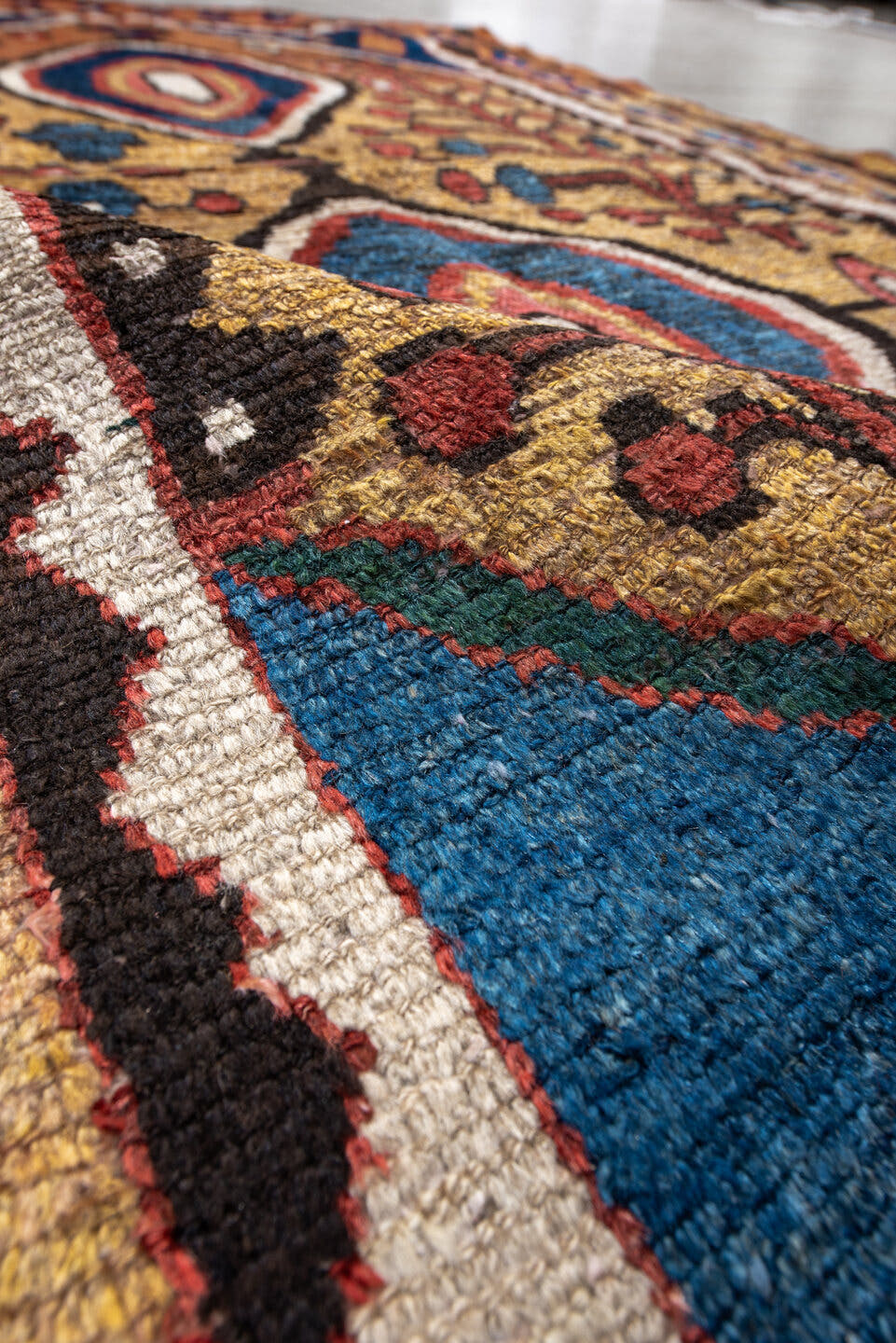 4' x 6' one-of-a-kind handmade antique Gabbe small size rug. Color palette: gold, blue, rust, ivory, brown, rose, teal