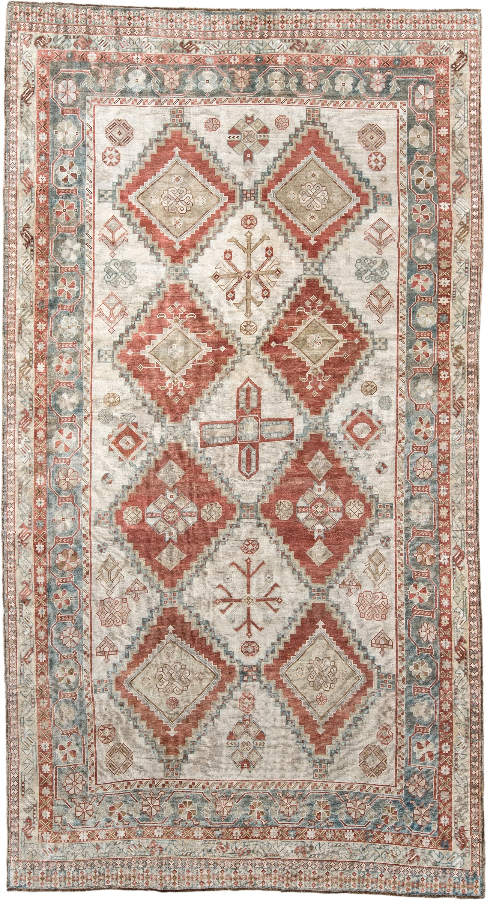 5' x 10' one-of-a-kind handmade vintage Shiraz medium size rug. Color palette: ivory, terra cotta, sky blue, rust, beige