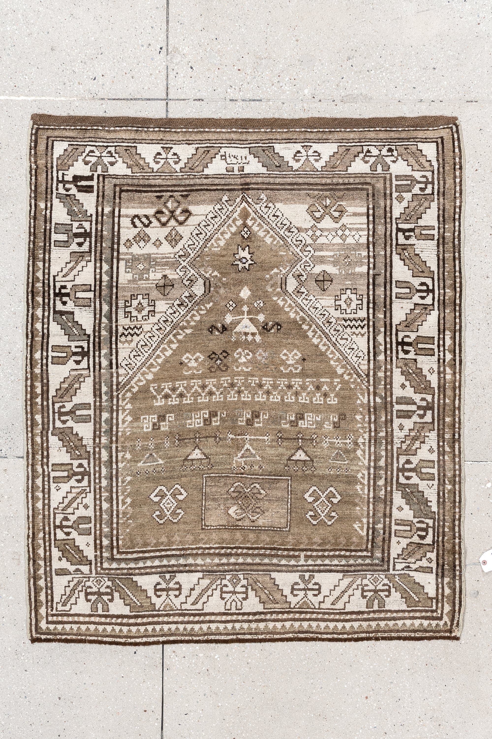 3' x 4' one-of-a-kind handmade vintage Caucasian small size rug. Color palette: taupe, ivory, brown, camel, beige, gray