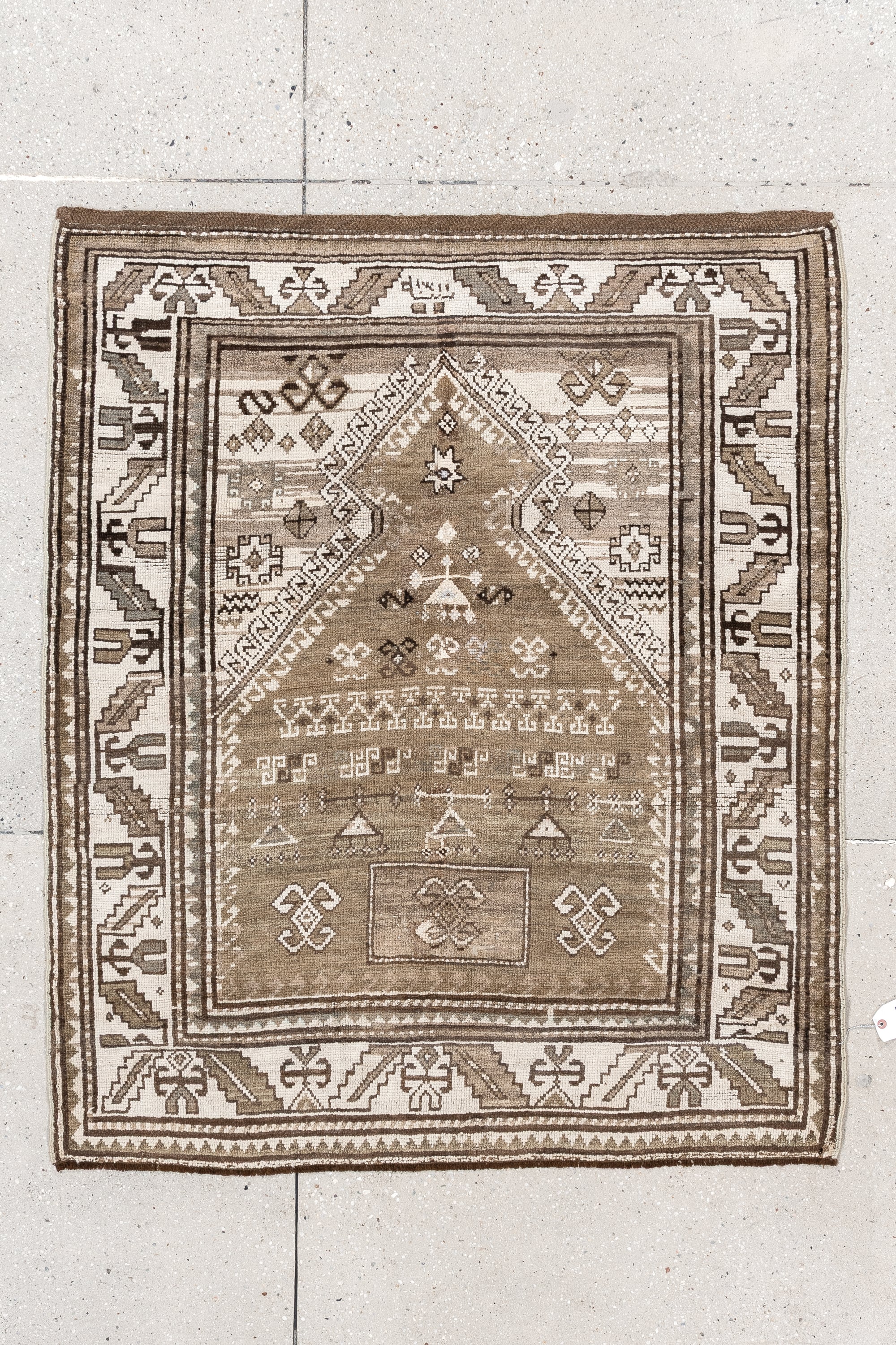 3' x 4' one-of-a-kind handmade vintage Caucasian small size rug. Color palette: taupe, ivory, brown, camel, beige, gray