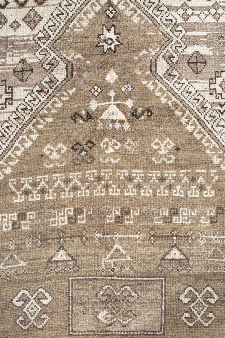 3' x 4' one-of-a-kind handmade vintage Caucasian small size rug. Color palette: taupe, ivory, brown, camel, beige, gray