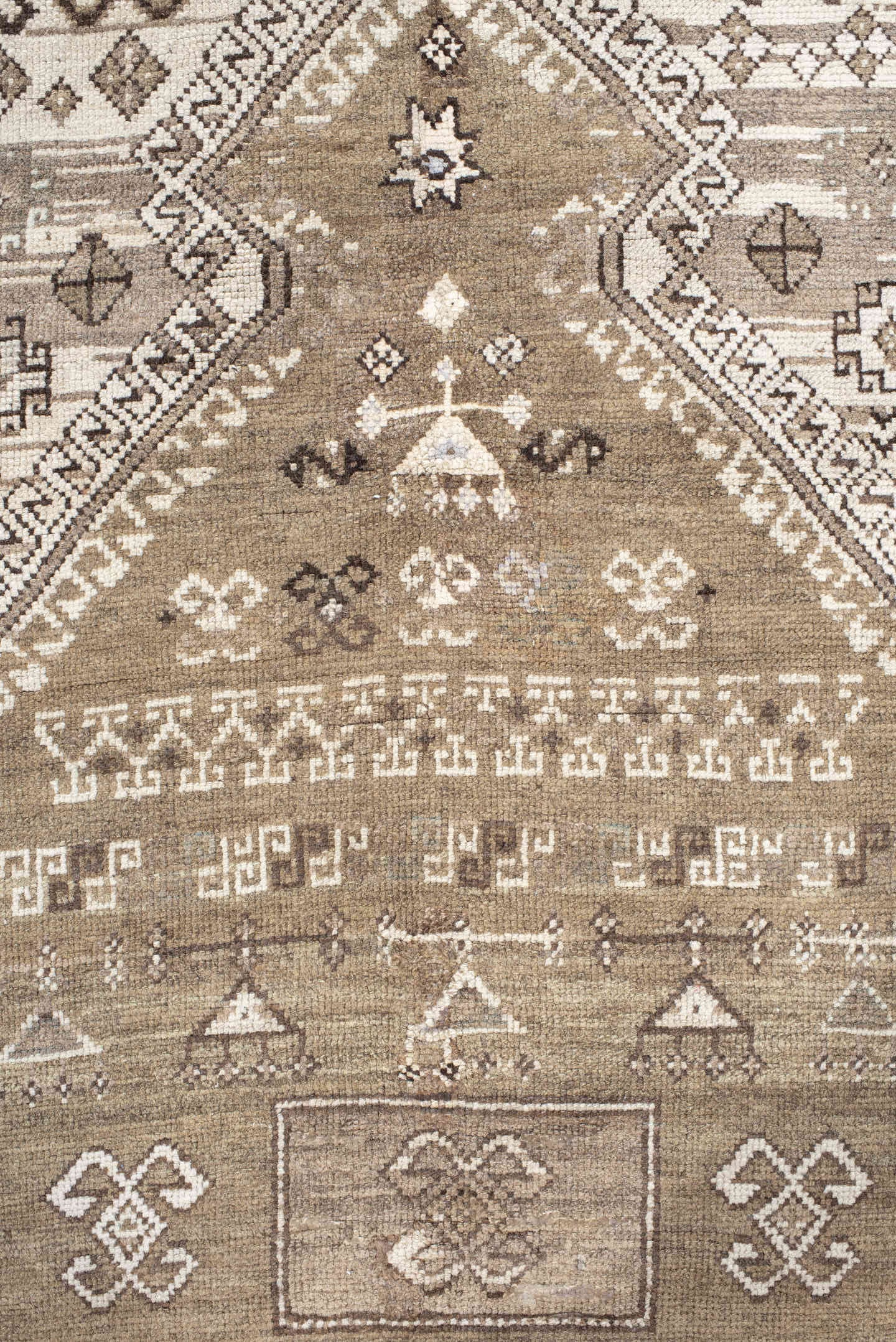 3' x 4' one-of-a-kind handmade vintage Caucasian small size rug. Color palette: taupe, ivory, brown, camel, beige, gray