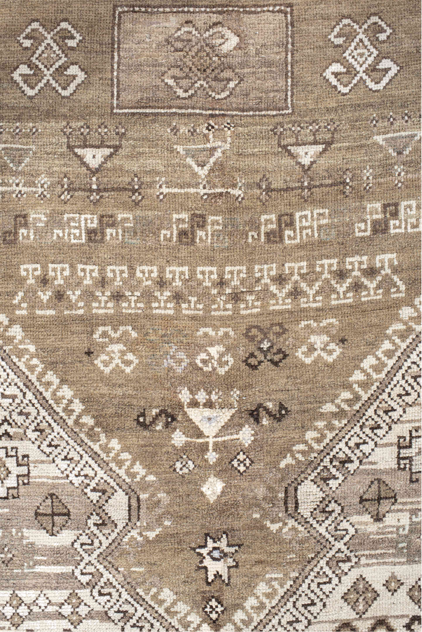 3' x 4' one-of-a-kind handmade vintage Caucasian small size rug. Color palette: antiquewhite, black, brown, gray, light gray