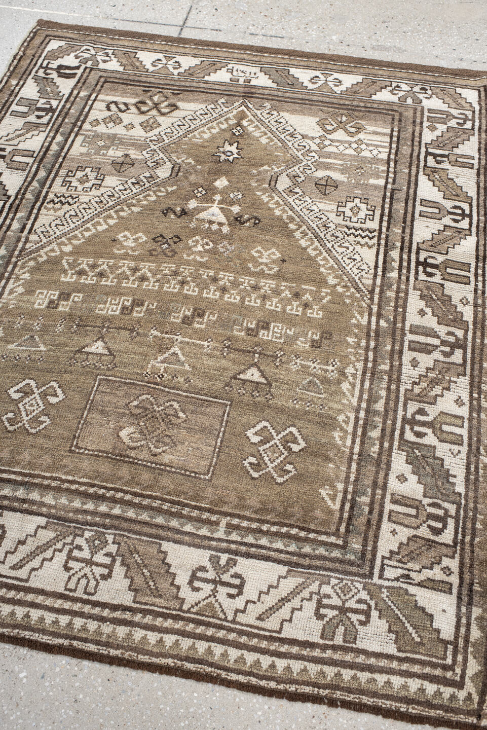 3' x 4' one-of-a-kind handmade vintage Caucasian small size rug. Color palette: taupe, ivory, brown, camel, beige, gray