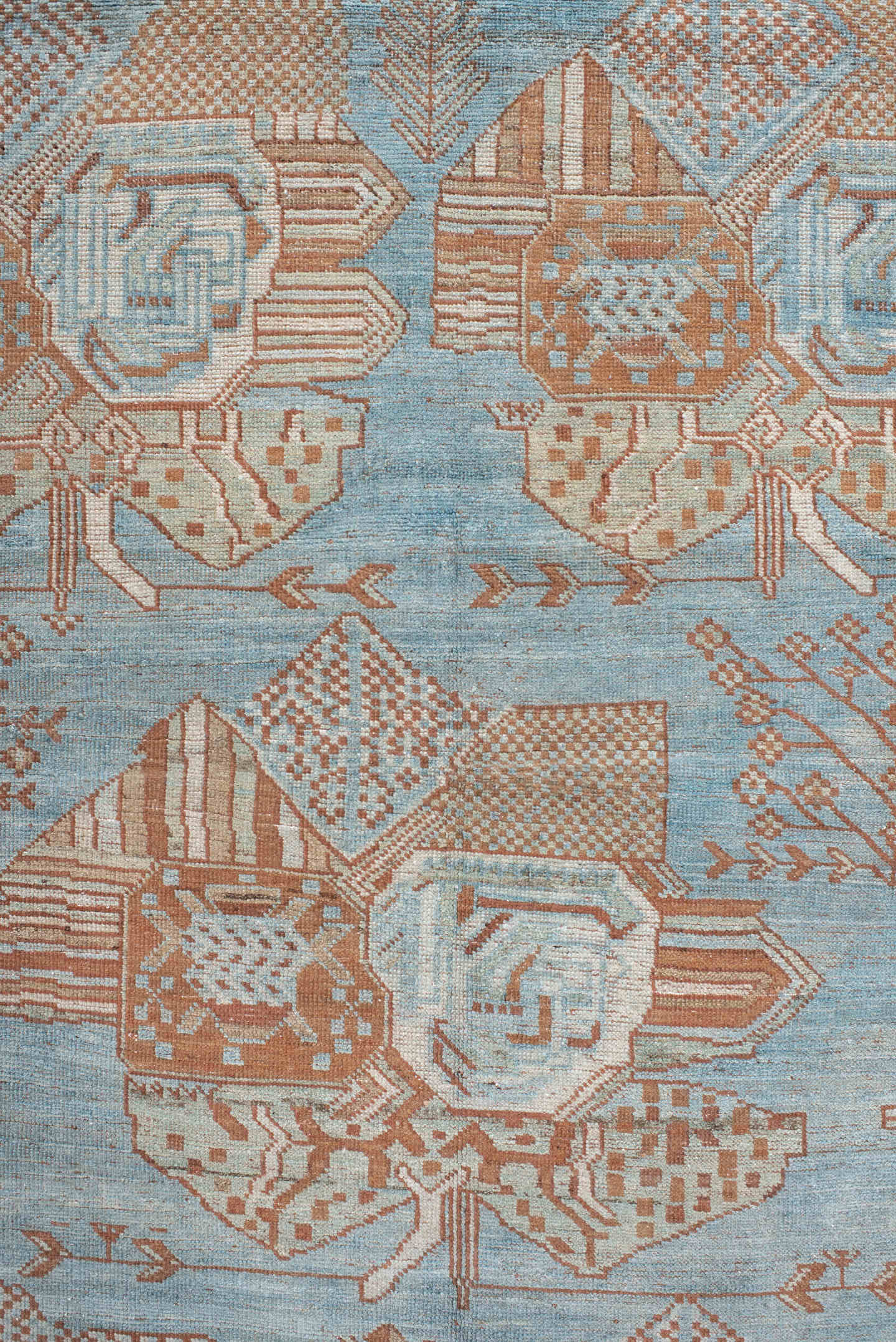4' x 6' one-of-a-kind handmade vintage small size rug. Color palette: sky blue, terracotta, ivory, peach, camel, light blue