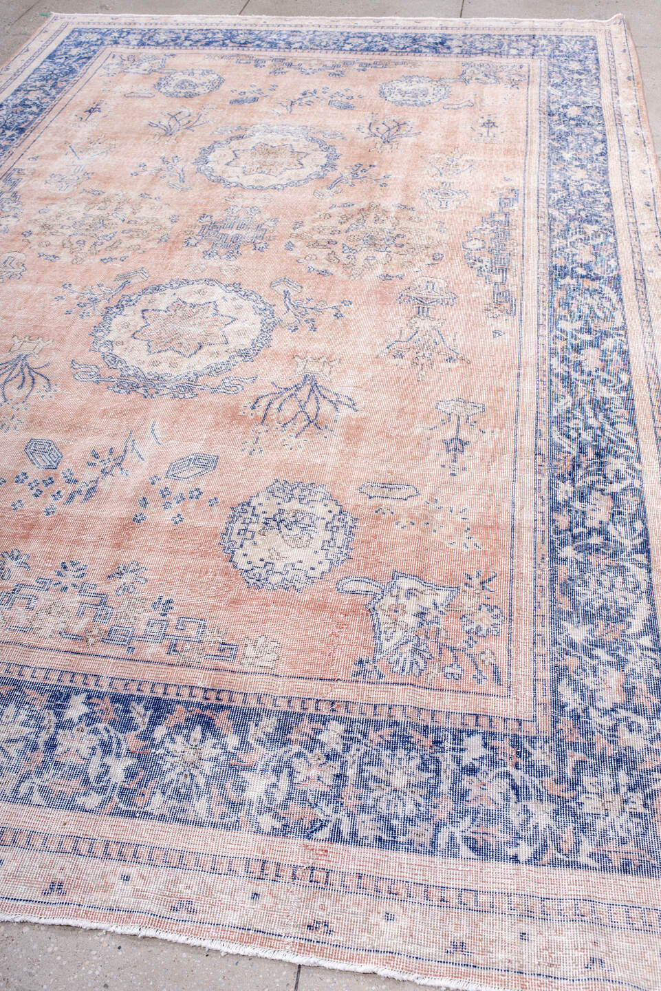7' x 12' one-of-a-kind handmade vintage Sparta large size rug. Color palette: blush, powder_blue, ivory, dusty_rose
