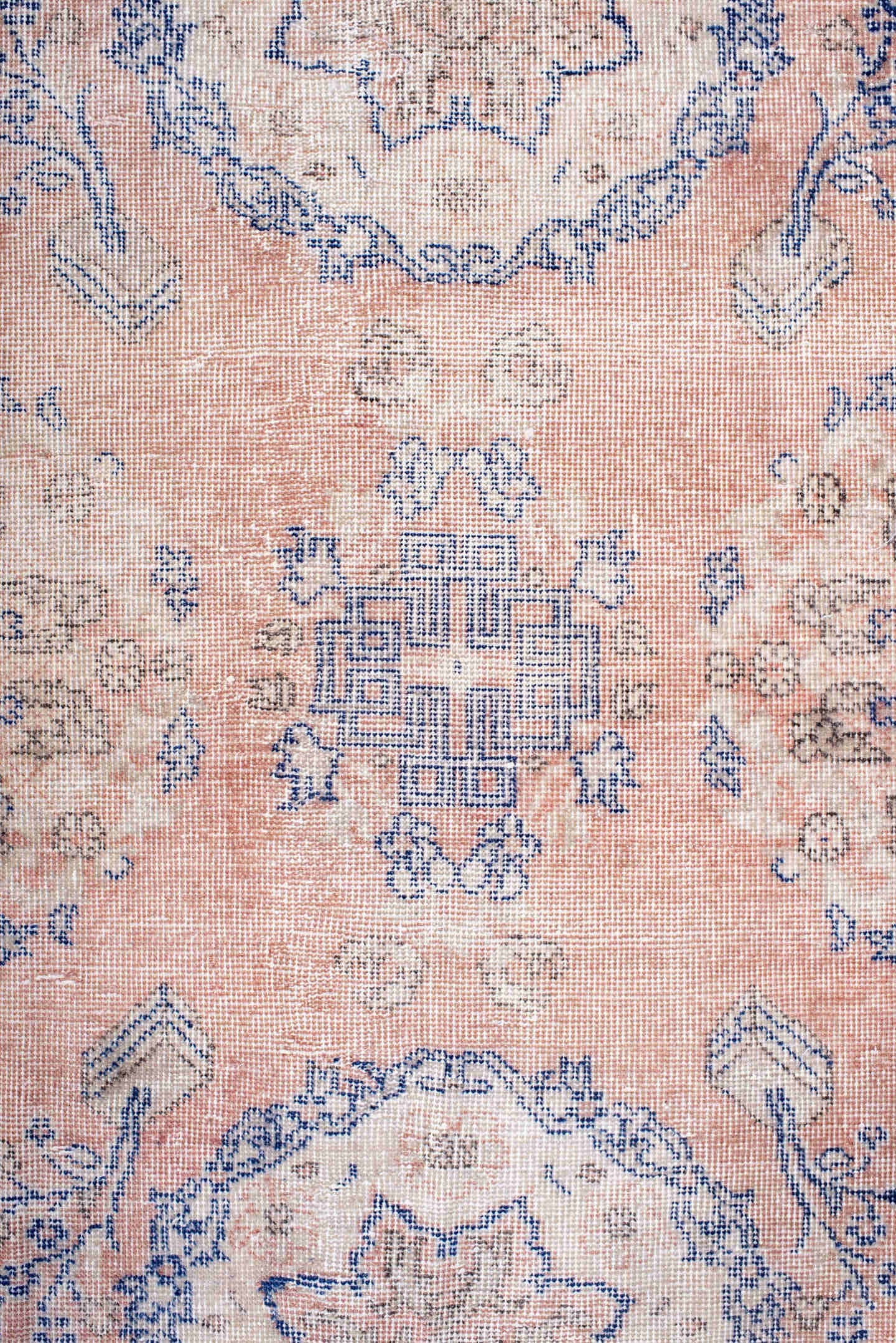 7' x 12' one-of-a-kind handmade vintage Sparta large size rug. Color palette: blush, powder_blue, ivory, dusty_rose