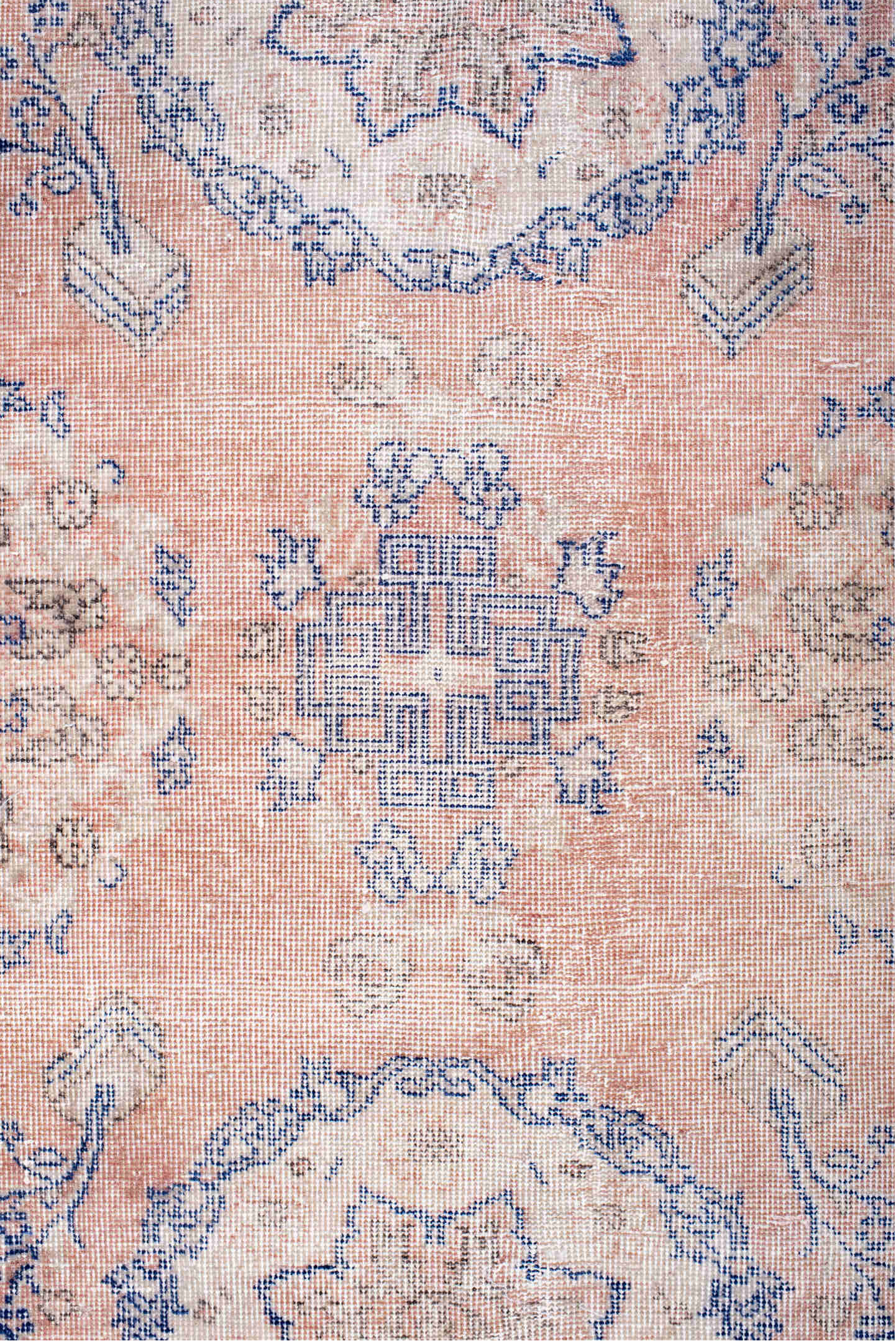 7' x 12' one-of-a-kind handmade vintage Sparta large size rug. Color palette: blush, powder_blue, ivory, dusty_rose