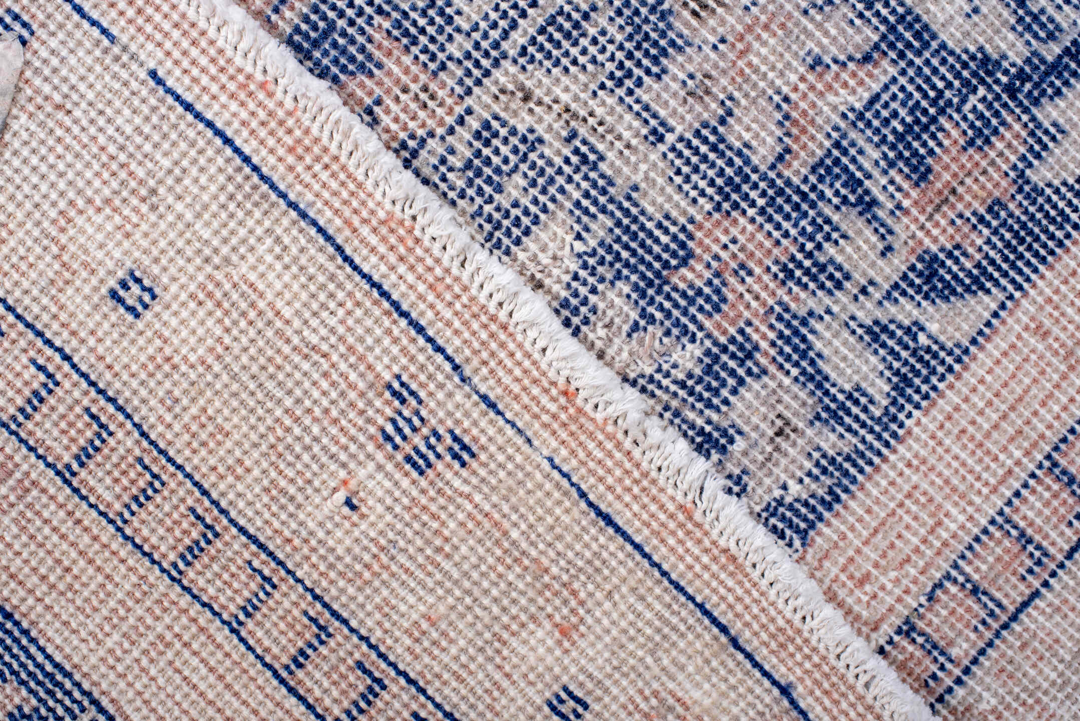 7' x 12' one-of-a-kind handmade vintage Sparta large size rug. Color palette: blue, gray, light blue, light gray, off-white