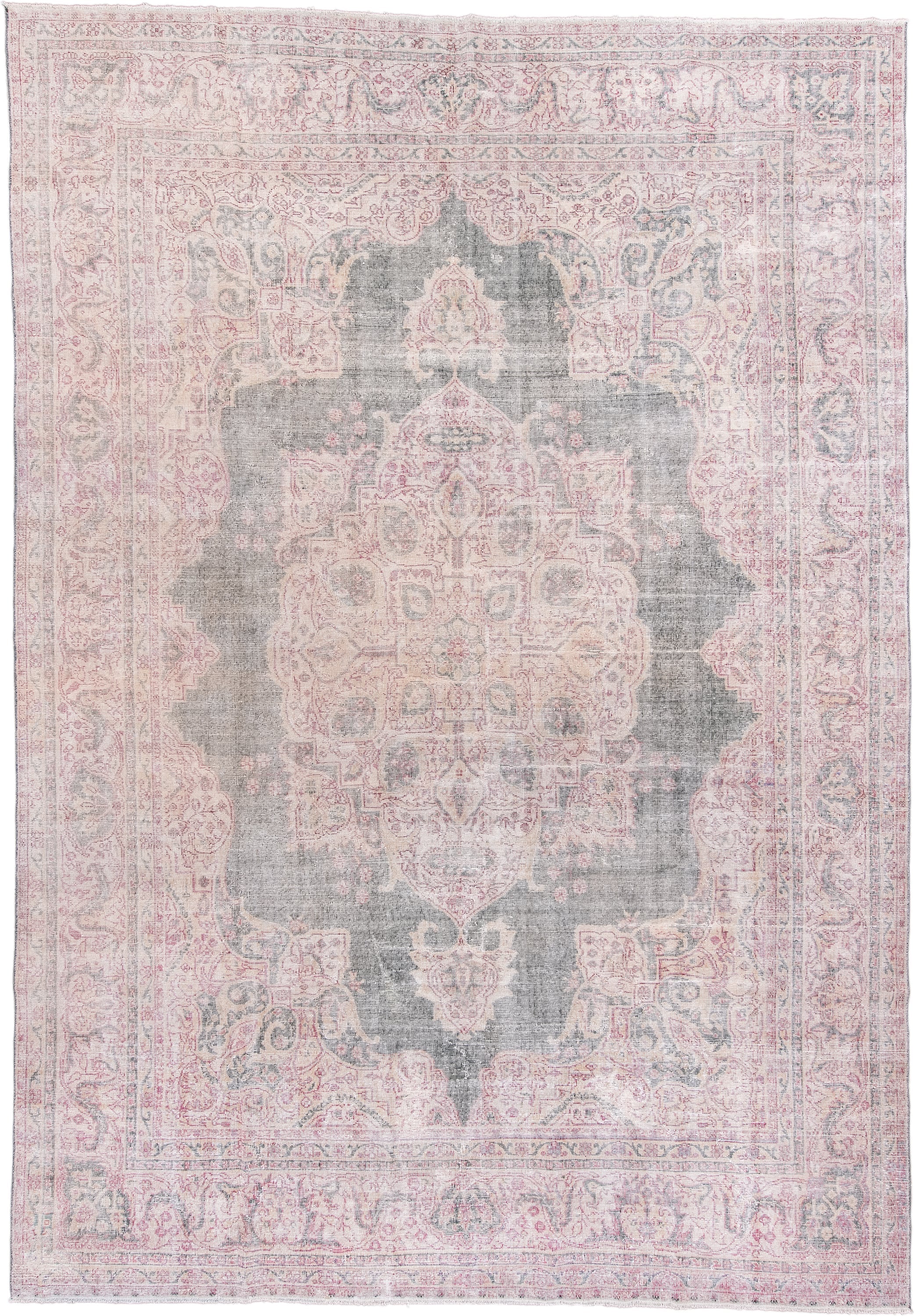 9' x 13' one-of-a-kind handmade vintage Sparta large size rug. Color palette: gray, blush, ivory, pale blue, taupe, rose